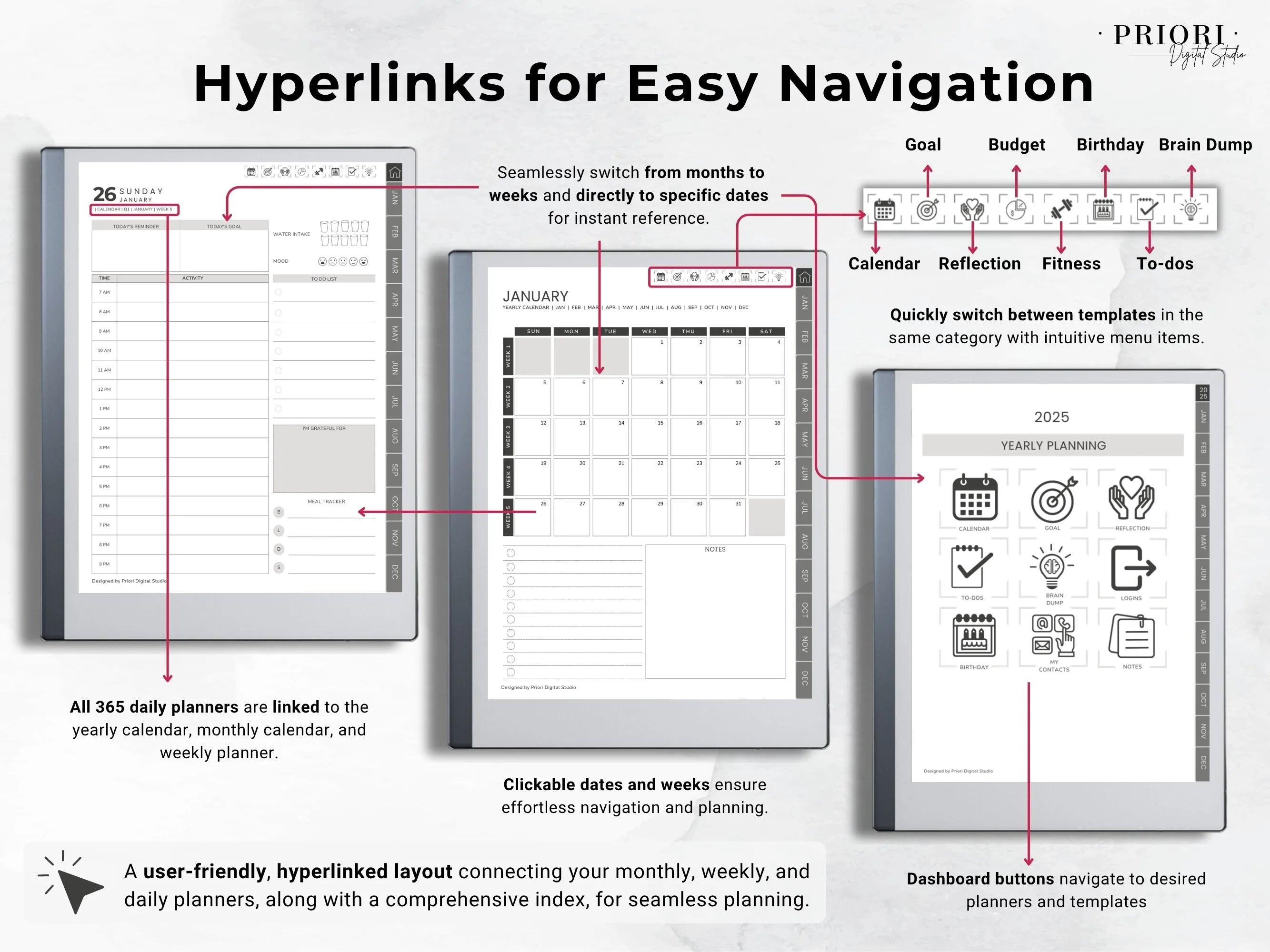 reMarkable Planner Daily Planner 2025 2026 Daily Journal reMarkable 2 Template Digital Planner Minimalist Hyperlinked Planner for reMarkable