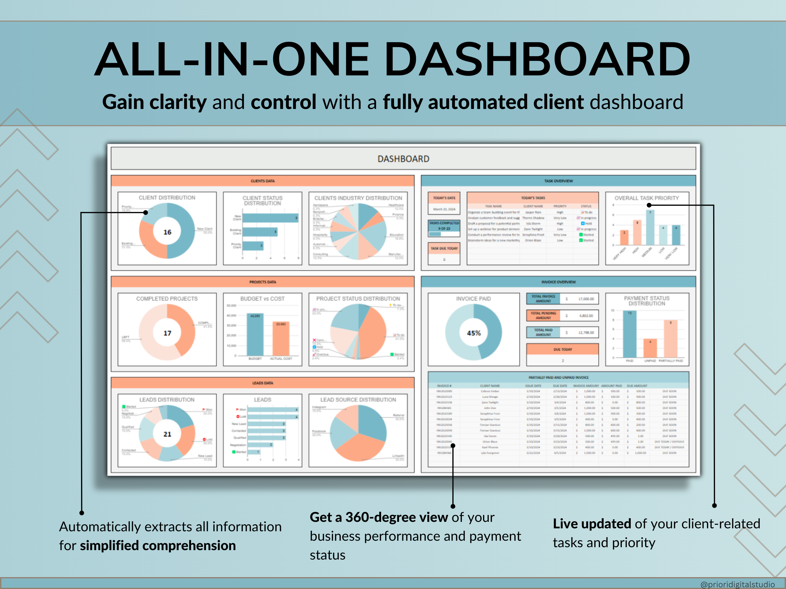 Client Tracker Spreadsheet for Small Business with Task Tracker Customer CRM Dashboard Google Sheets Excel Lead Management Invoice Tracker