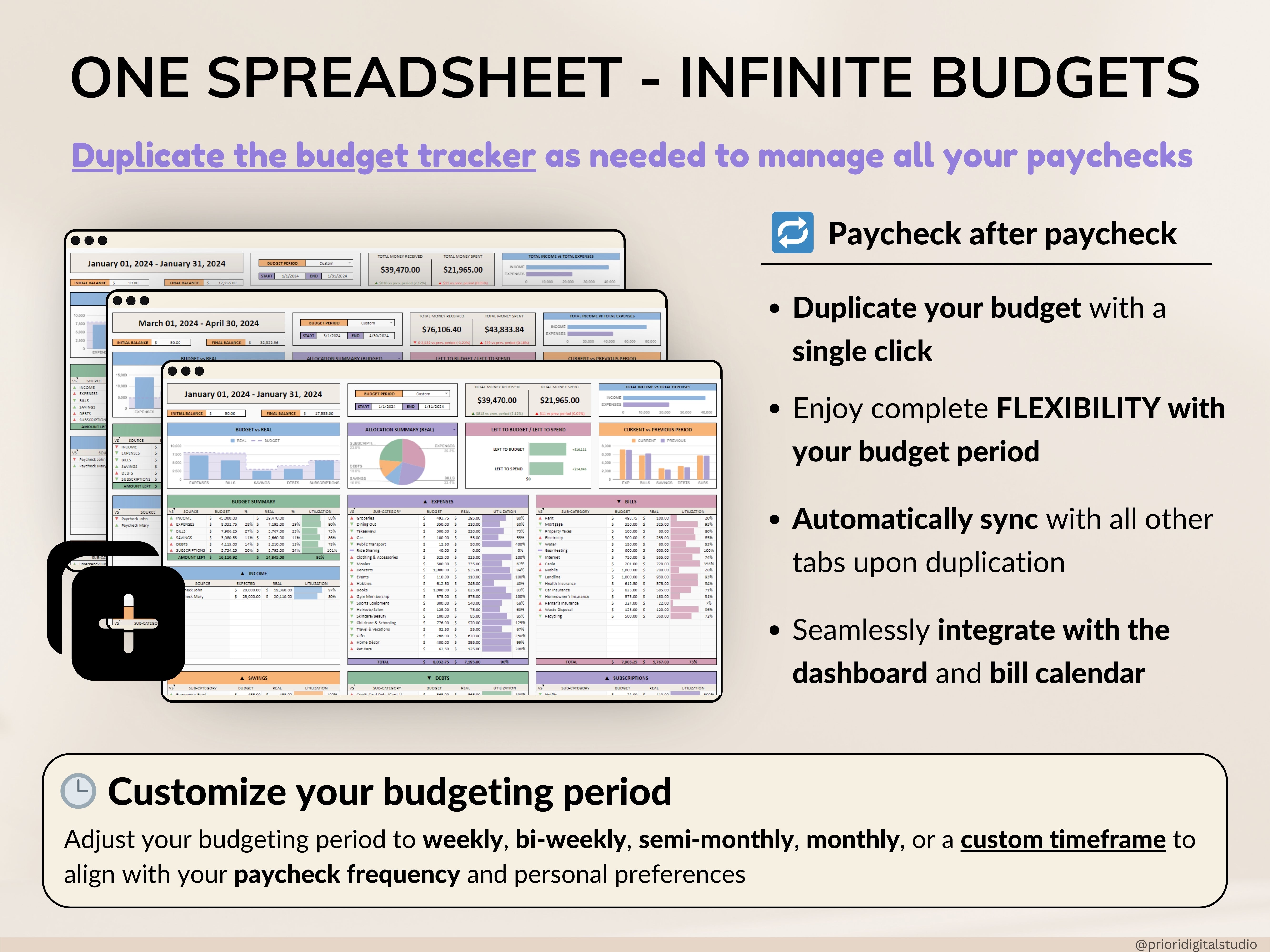 Paycheck Budget Planner Excel & Google Sheets Template Weekly Paycheck Budget Biweekly Paycheck Spreadsheet Bill Tracker Custom Budgeting