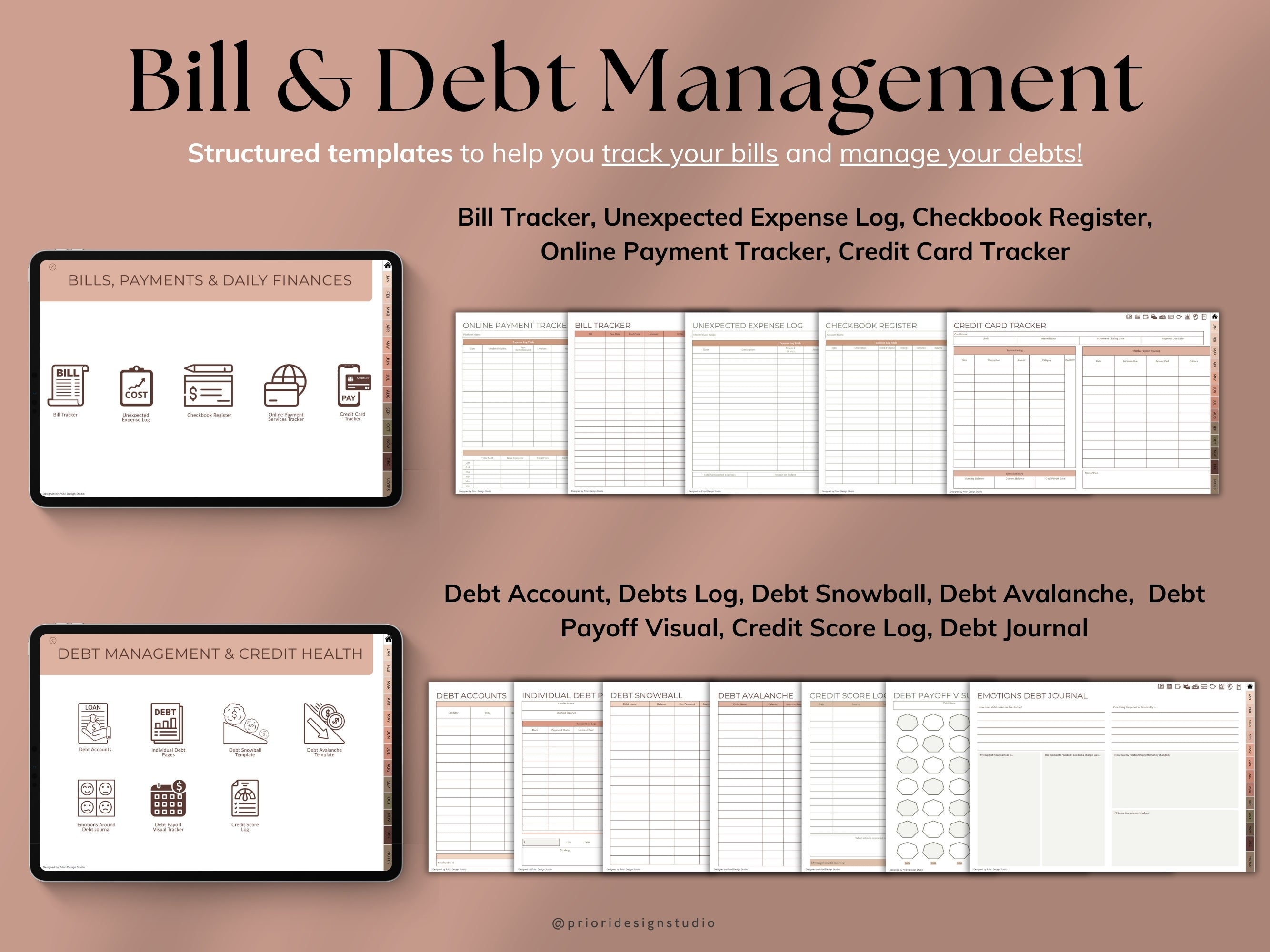 Bill and debt management templates on a brown background with digital device illustrations.