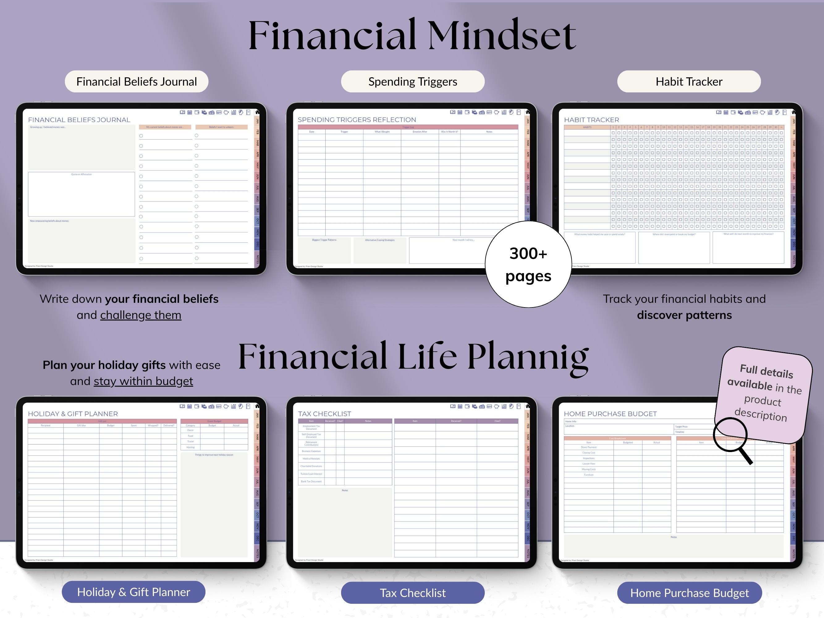Promotional graphic for a financial planning product with various sections and features.
