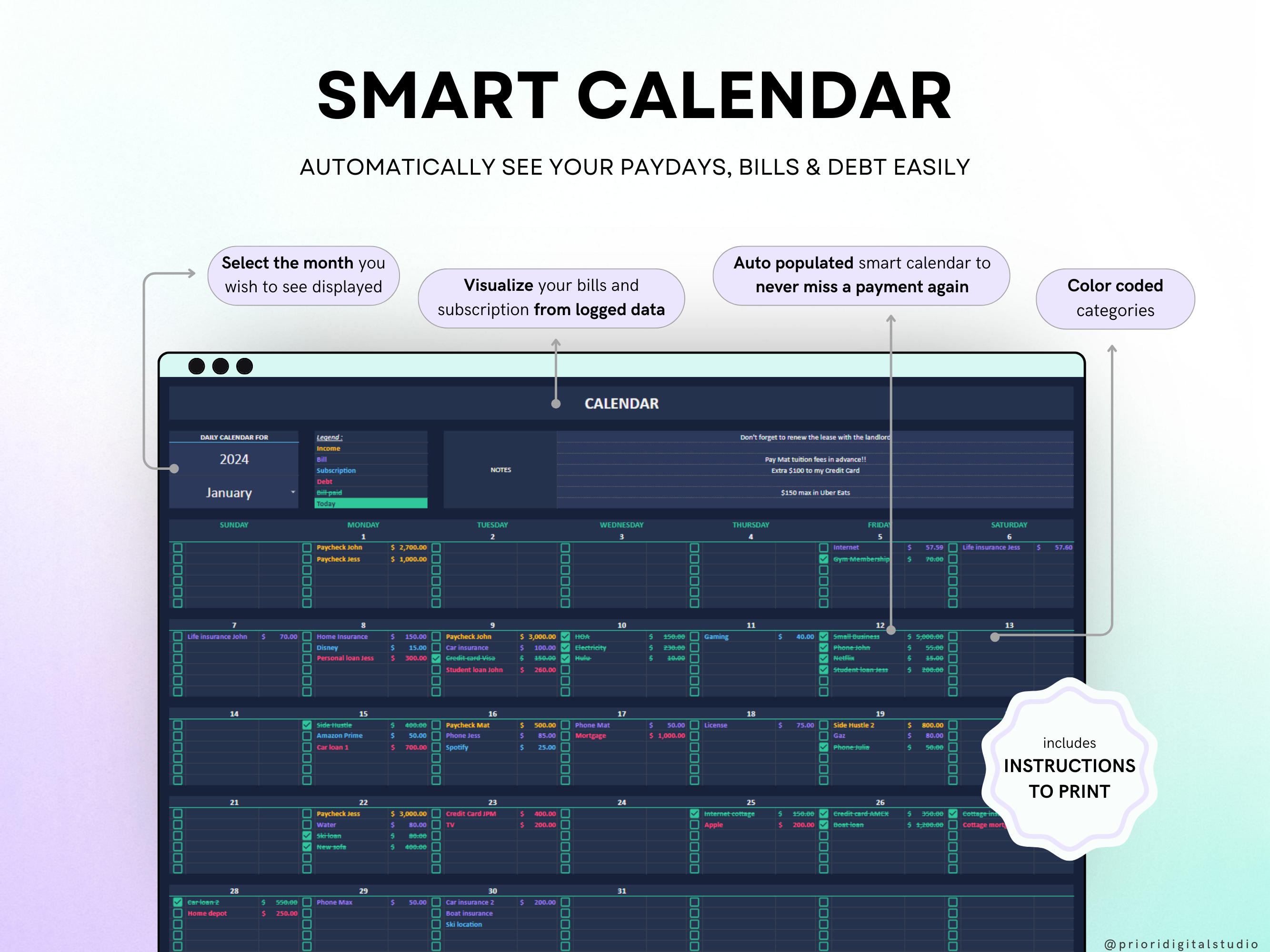 Family Annual Budget Dark Mode Monthly Budget Tracker Excel Spreadsheet Google Sheets Couple Financial Planner Bill Calendar Debt Tracker