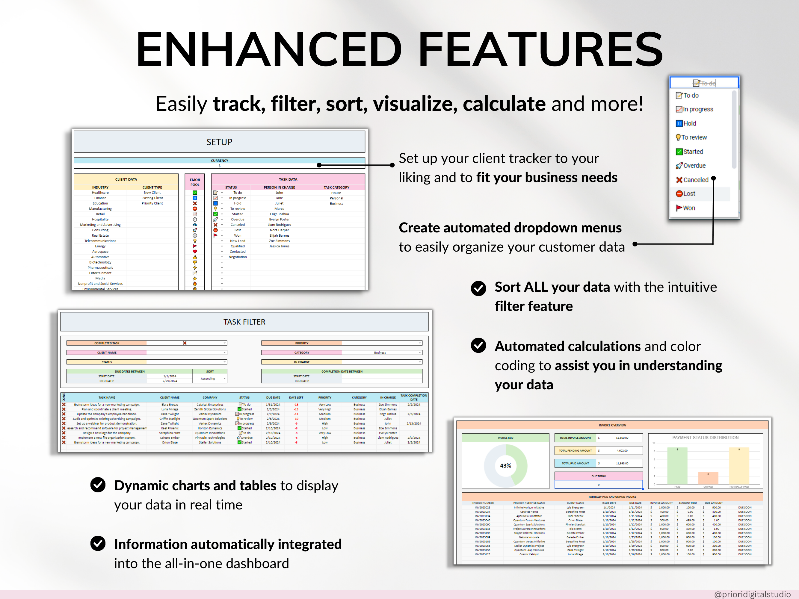 Client Tracker Spreadsheet for Small Business with Task Tracker Customer CRM Dashboard Google Sheets Excel Lead Management Invoice Tracker