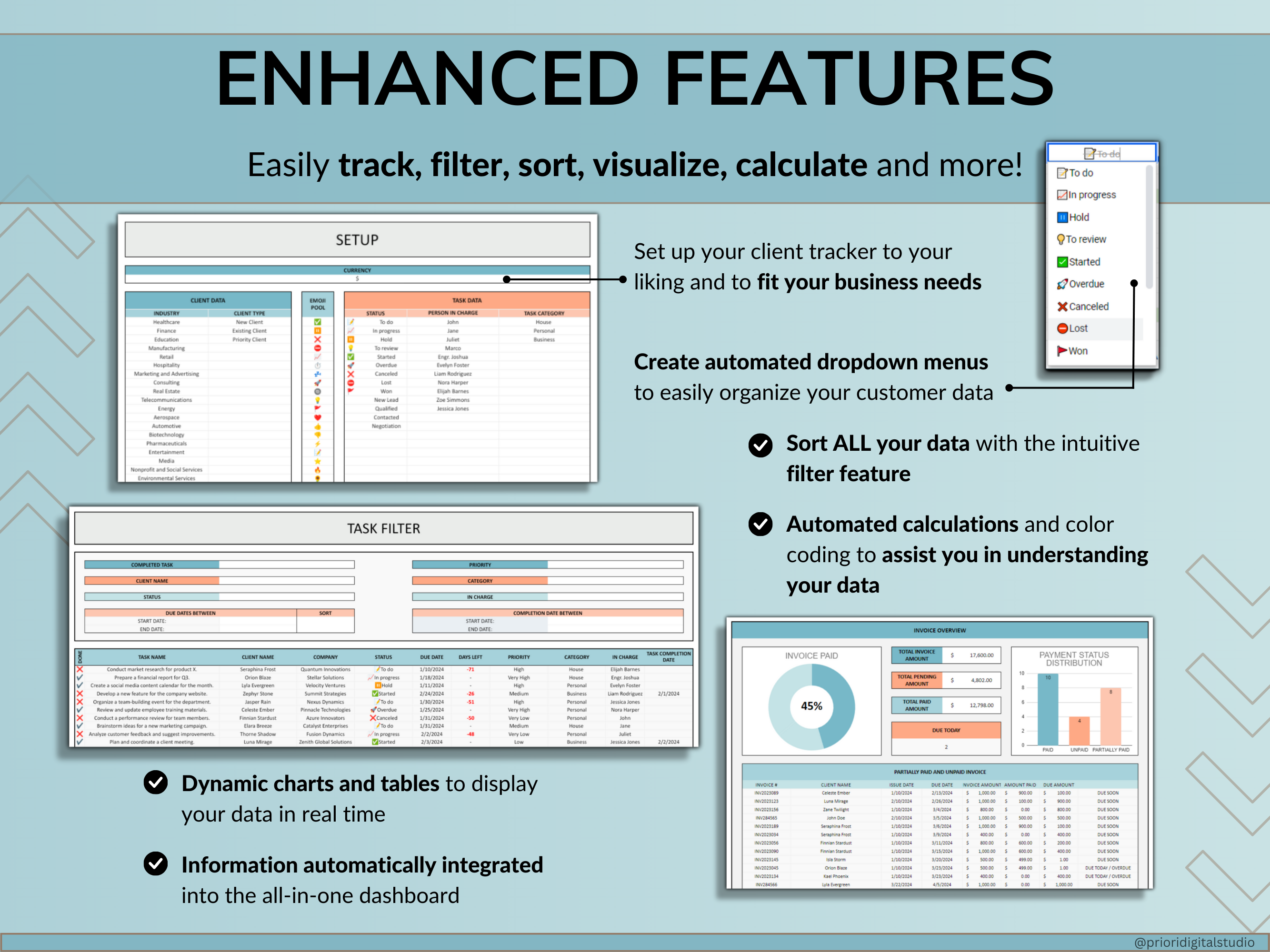 Client Tracker Spreadsheet for Small Business with Task Tracker Customer CRM Dashboard Google Sheets Excel Lead Management Invoice Tracker