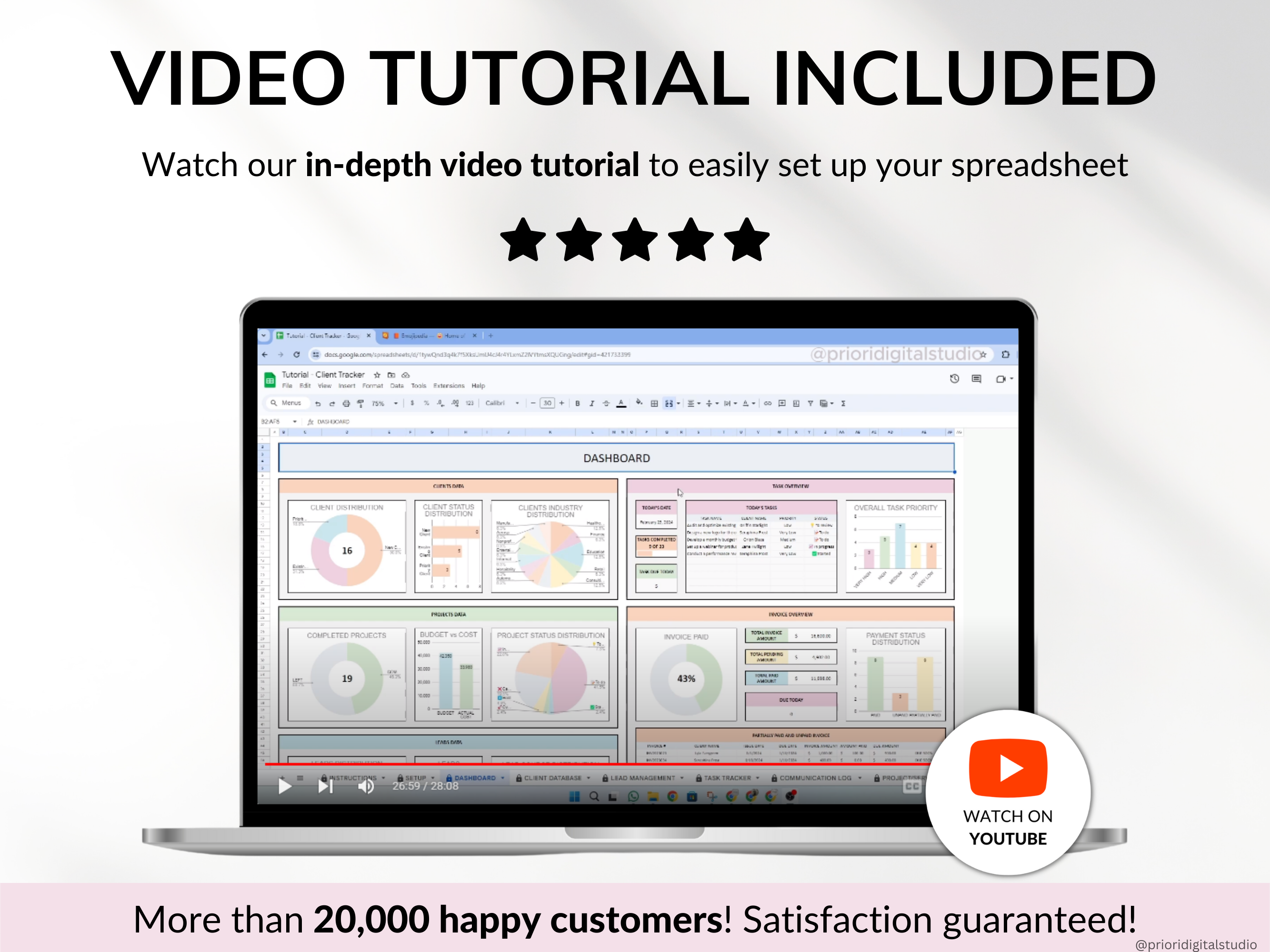 Client Tracker Spreadsheet for Small Business with Task Tracker Customer CRM Dashboard Google Sheets Excel Lead Management Invoice Tracker