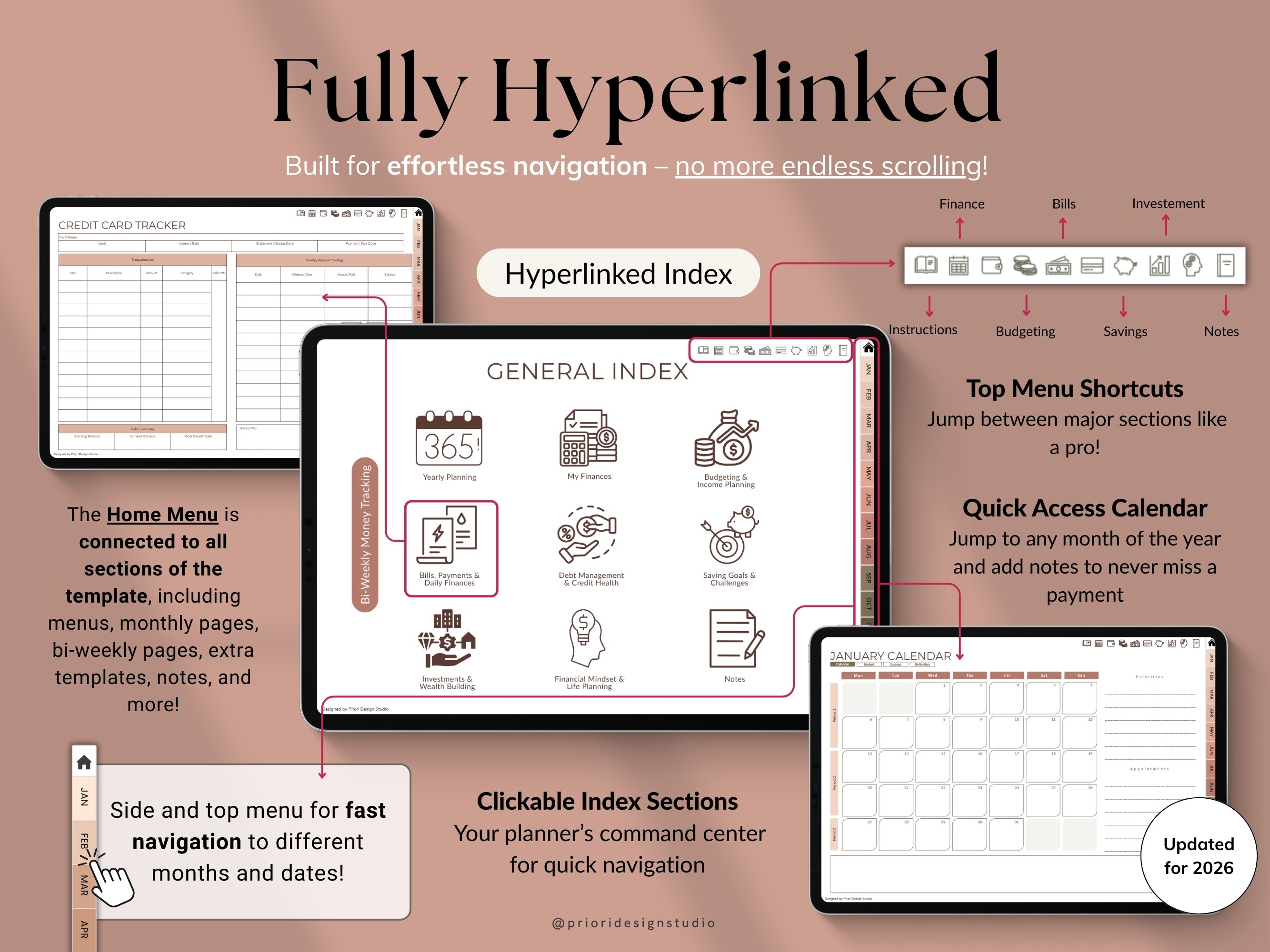 Hyperlinked planner software interface with multiple screens showing different features.