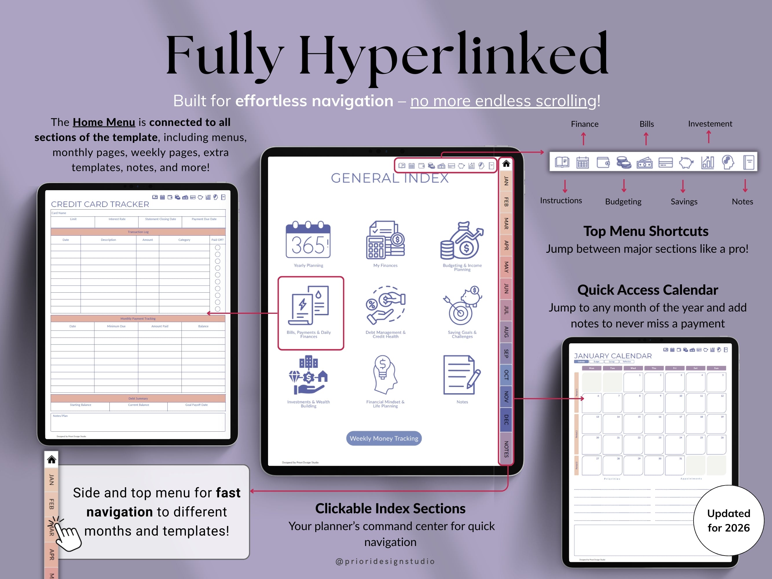 Screenshot of a digital planner software interface with hyperlinks and navigation features.