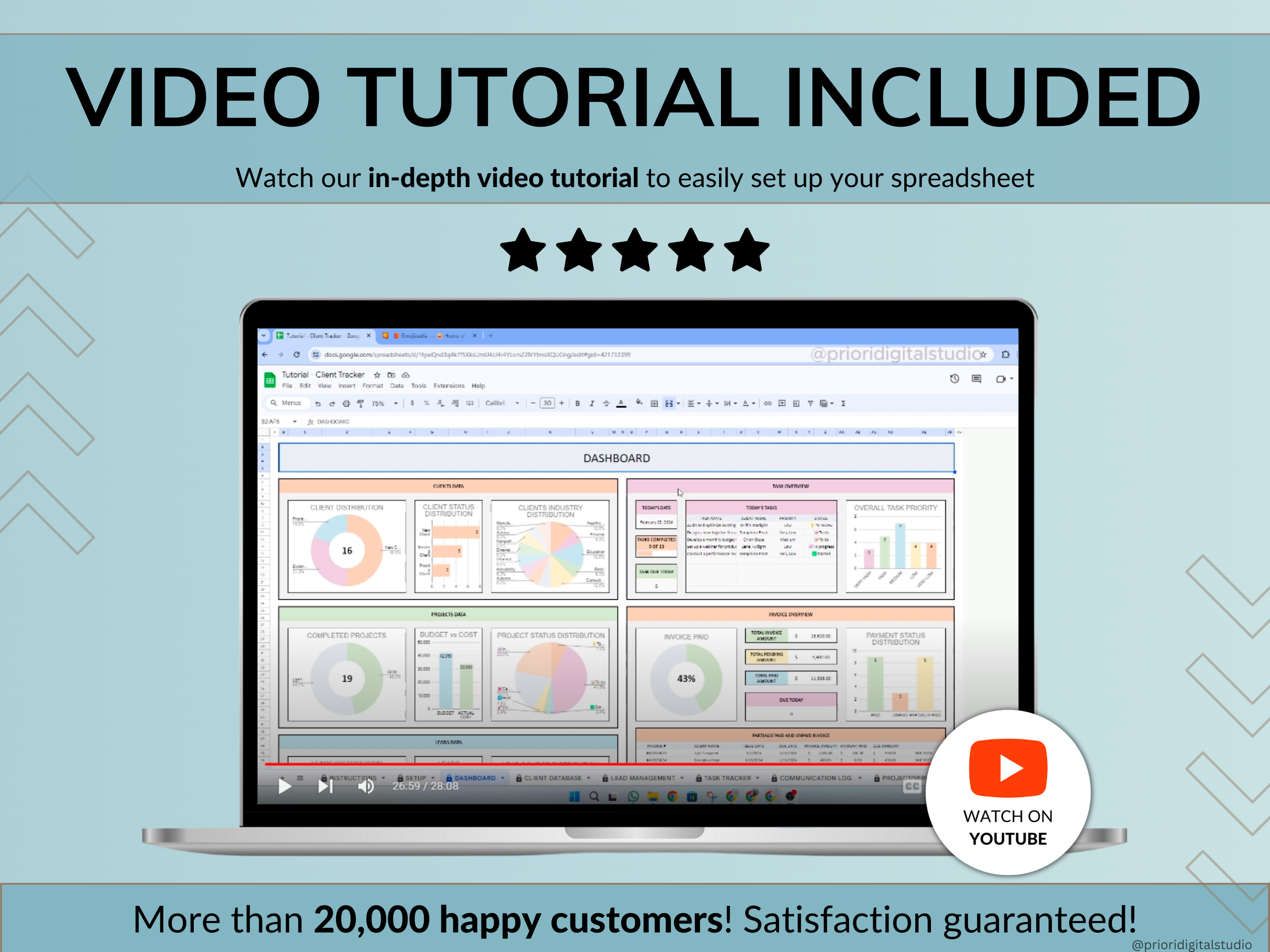 Client Tracker Spreadsheet for Small Business with Task Tracker Customer CRM Dashboard Google Sheets Excel Lead Management Invoice Tracker