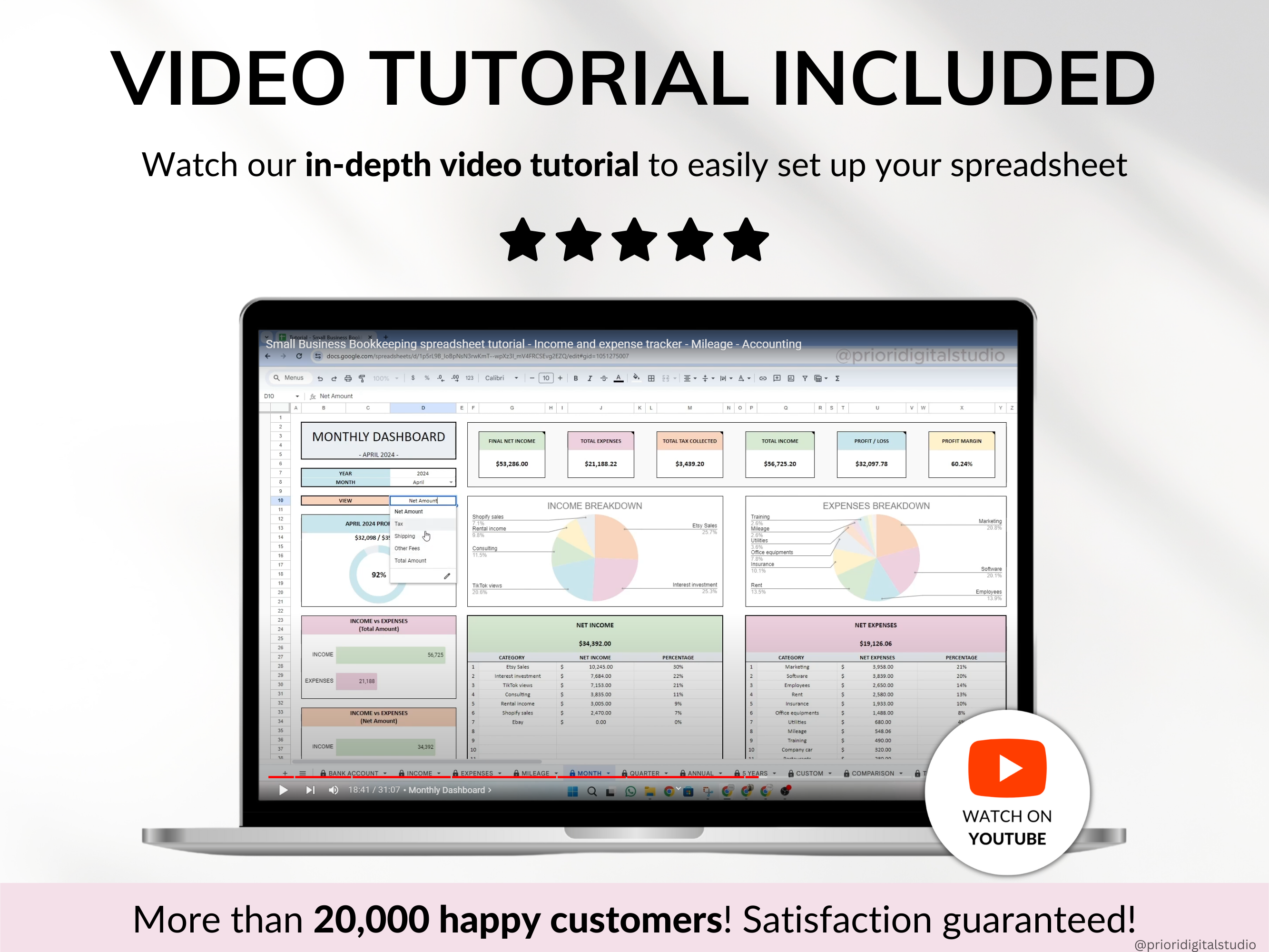 Small Business Bookkeeping Spreadsheet Income Expense Tracker Tax Tracker Accounting Template Mileage Tracker Business Planner Profit & Loss Excel Google Sheets