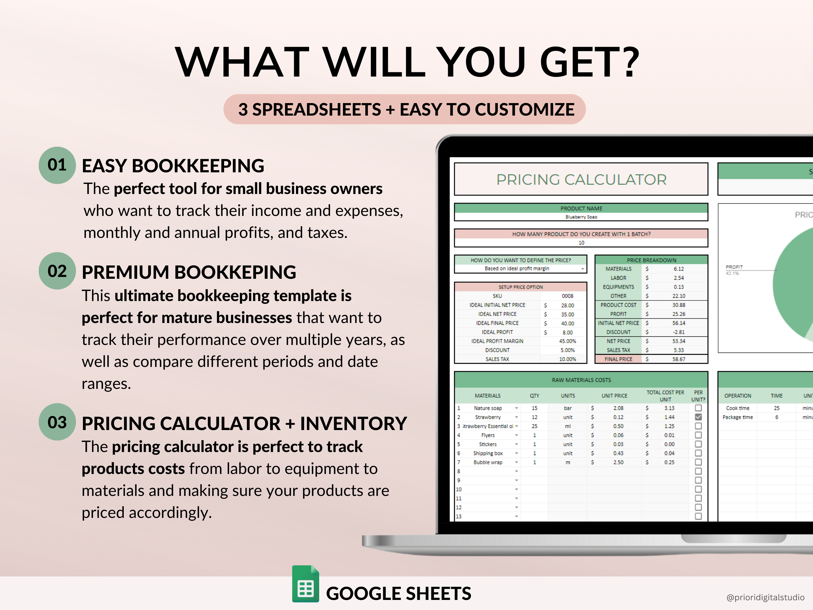 PLR Bookkeeping Spreadsheet Inventory Tracker Pricing Calculator Commercial Use PLR Google Sheets Bundle Private Label Rights PLR Template