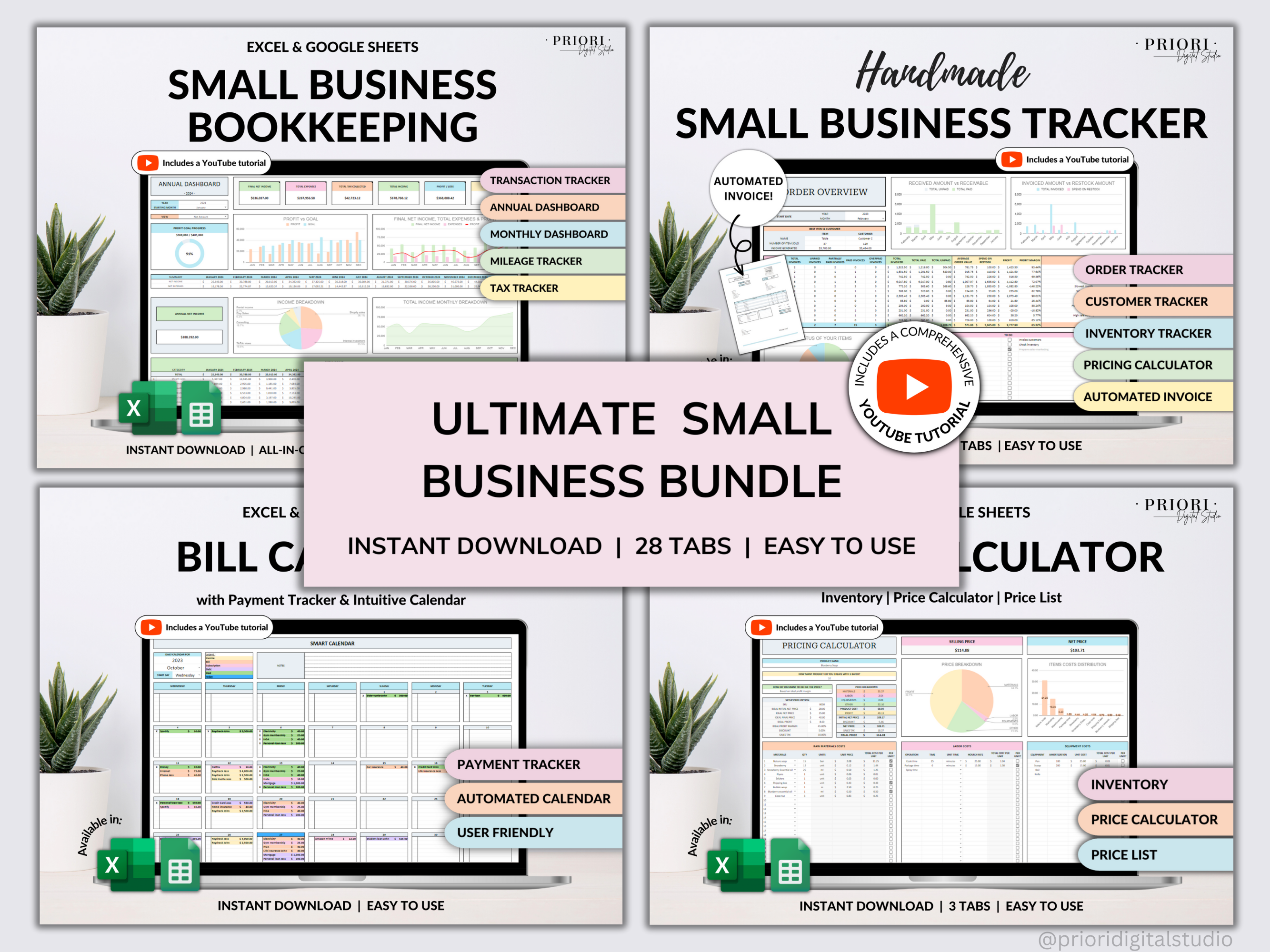 Small Business Bundle Bookkeeping Inventory Tracker Order Tracker Product Handmade Pricing Calculator Smart Bill Calendar Google Sheet Excel