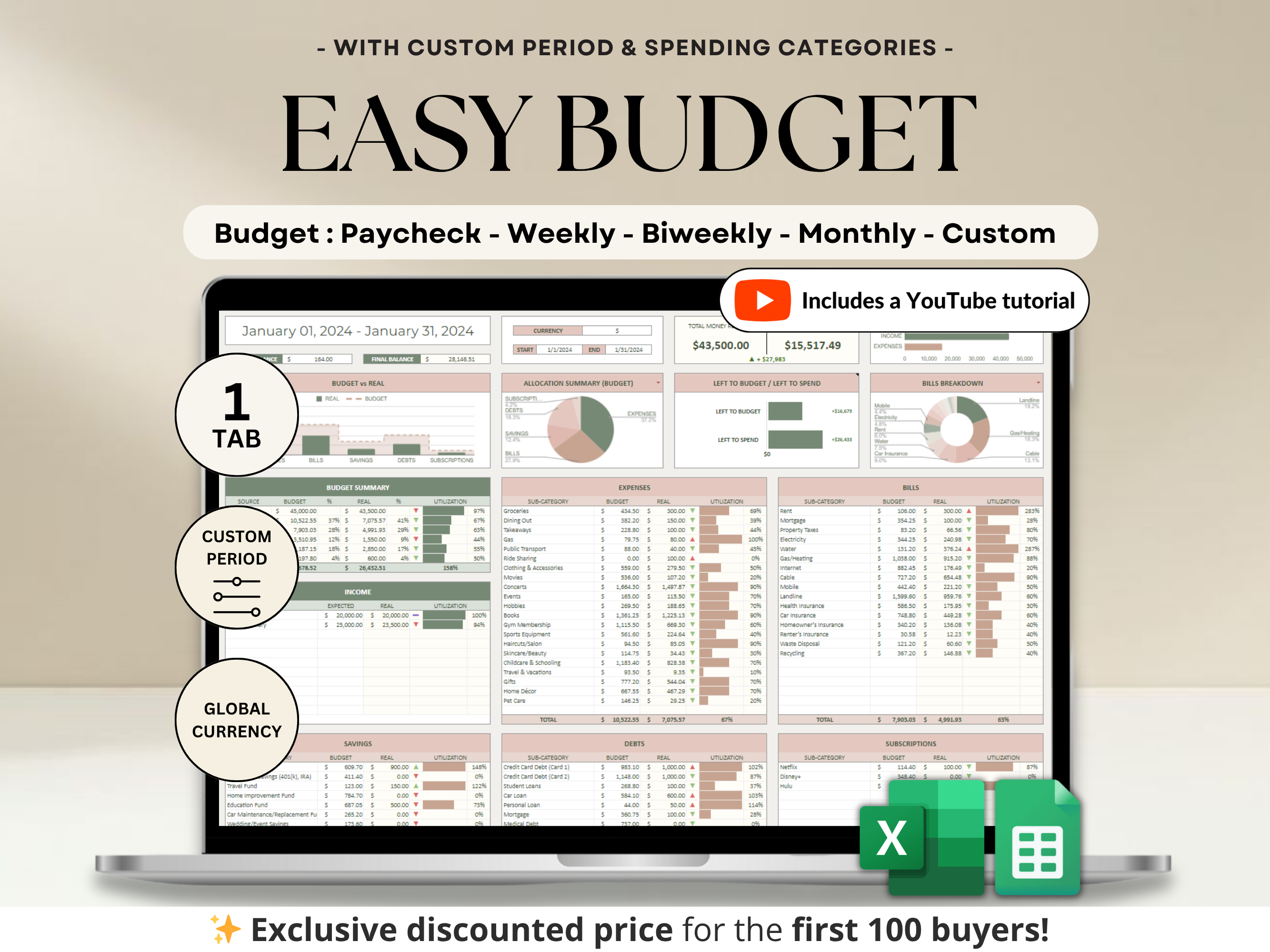 Simple Budget Planner for Google Sheets Paycheck Budget Spreadsheet Excel Budget Template Weekly Budget Biweekly Income and Expense Tracker Paycheck Budget