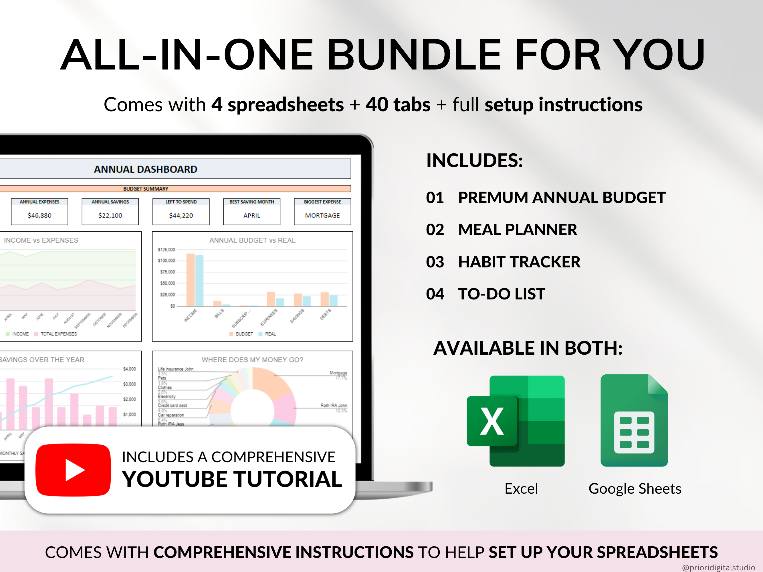 Family Annual Budget Weekly Meal Planner Habit Tracker To-Do List Monthly Budget Excel Spreadsheet Google Sheets Daily Habit Tracker Recipe