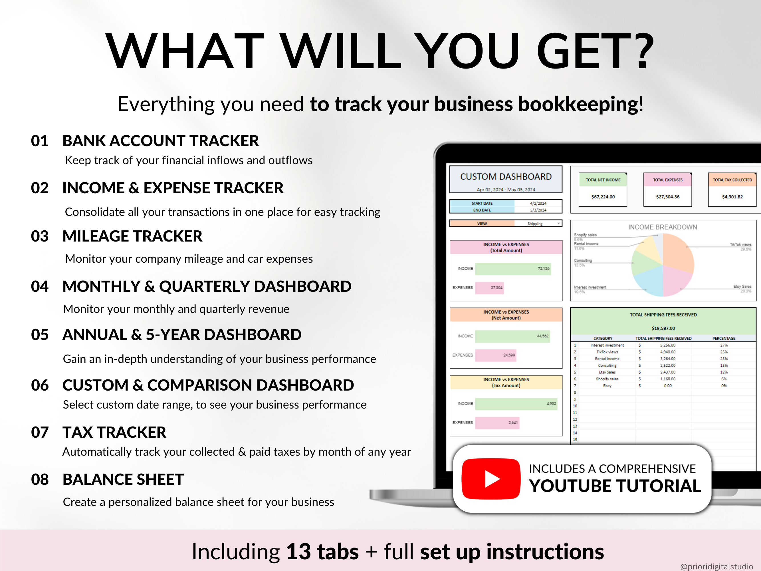 Small Business Bookkeeping Spreadsheet Income Expense Tracker Tax Tracker Accounting Template Mileage Tracker Business Planner Profit & Loss Excel Google Sheets