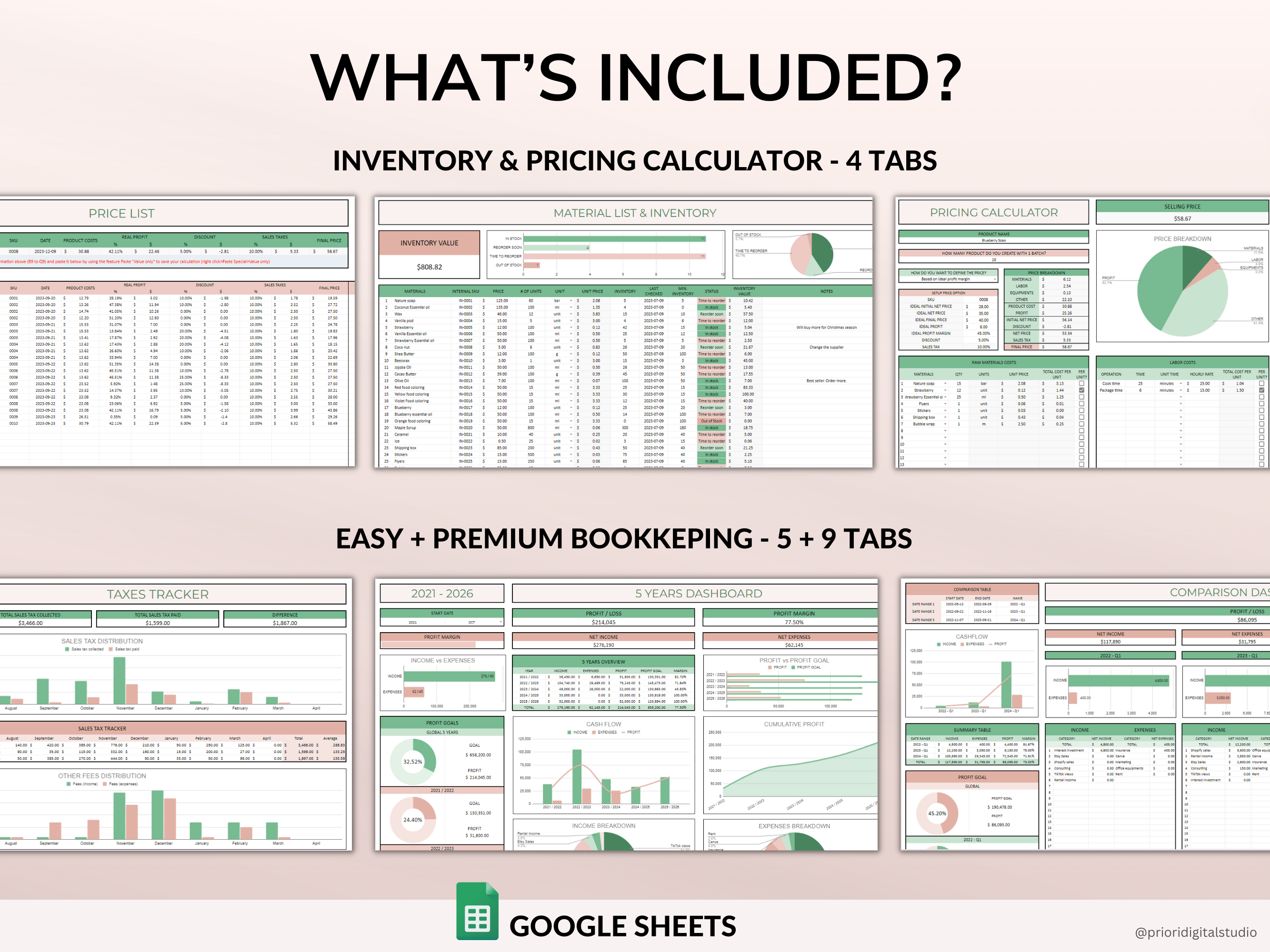 PLR Bookkeeping Spreadsheet Inventory Tracker Pricing Calculator Commercial Use PLR Google Sheets Bundle Private Label Rights PLR Template