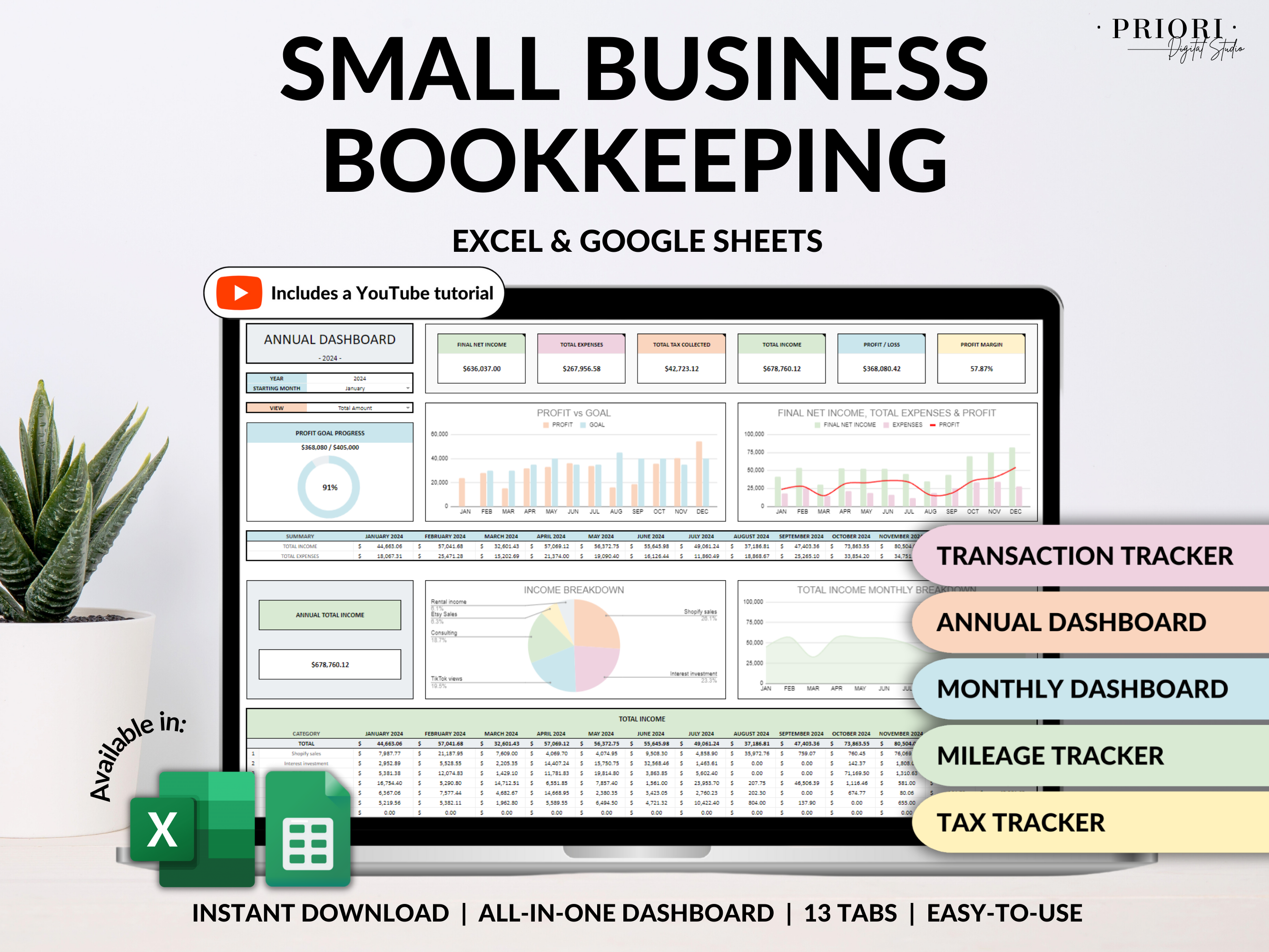 Small Business Bookkeeping Spreadsheet Income Expense Tracker Tax Tracker Accounting Template Mileage Tracker Business Planner Profit & Loss Excel Google Sheets#color_multicolor