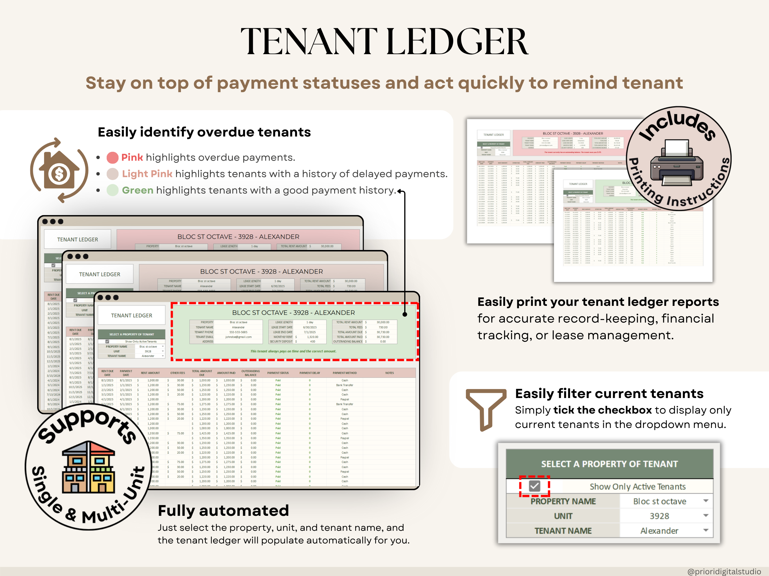 Rental Property Tracker Landlord Spreadsheet Multi Property Income and Expense Excel Google Sheets Rental Bookkeeping Rent Payment Tracker