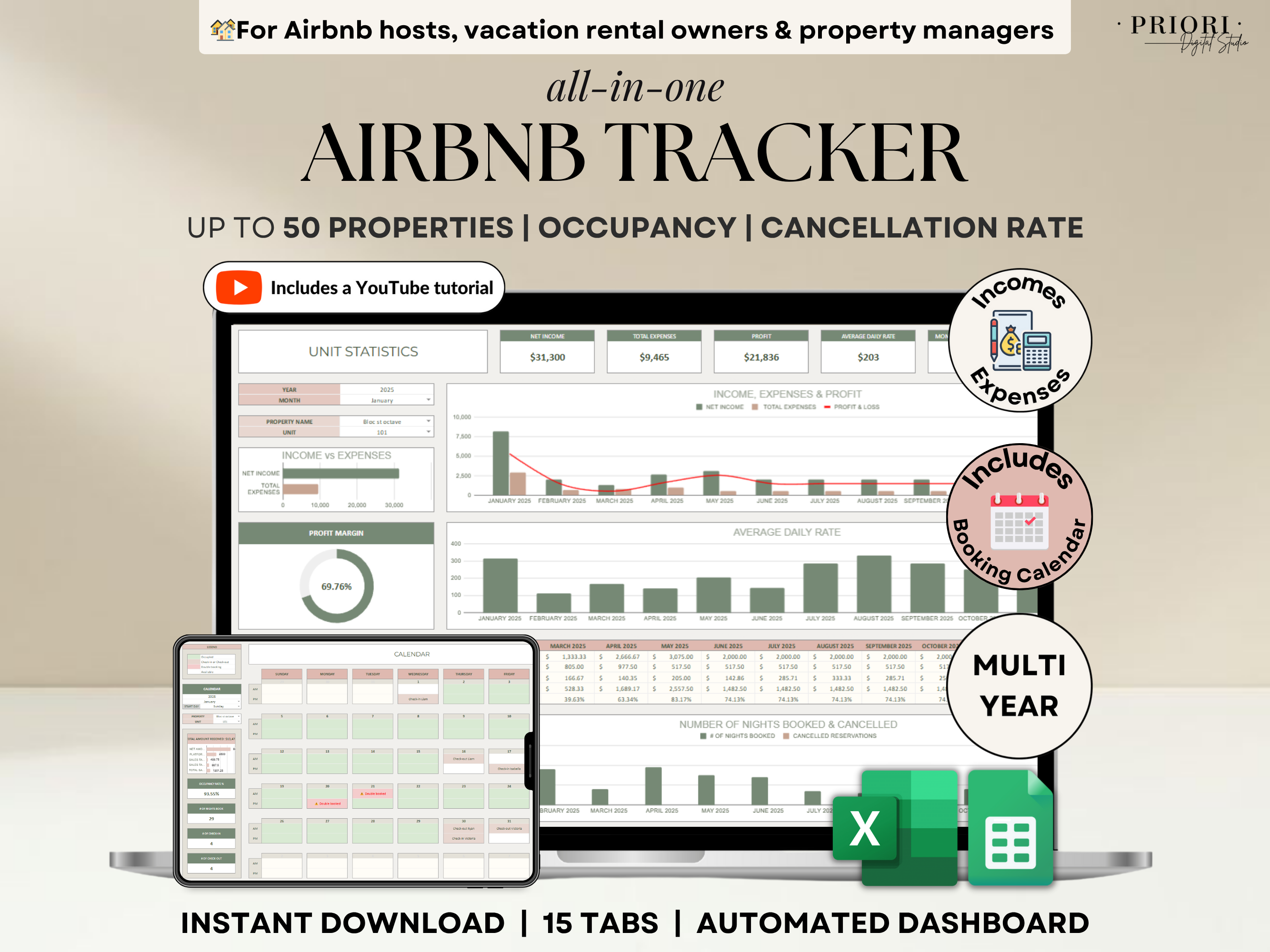 Airbnb Spreadsheet Vacation Rental Property Tracker Bookkeeping Template Google Sheets Booking Calendar Excel Short-Term Rental Management