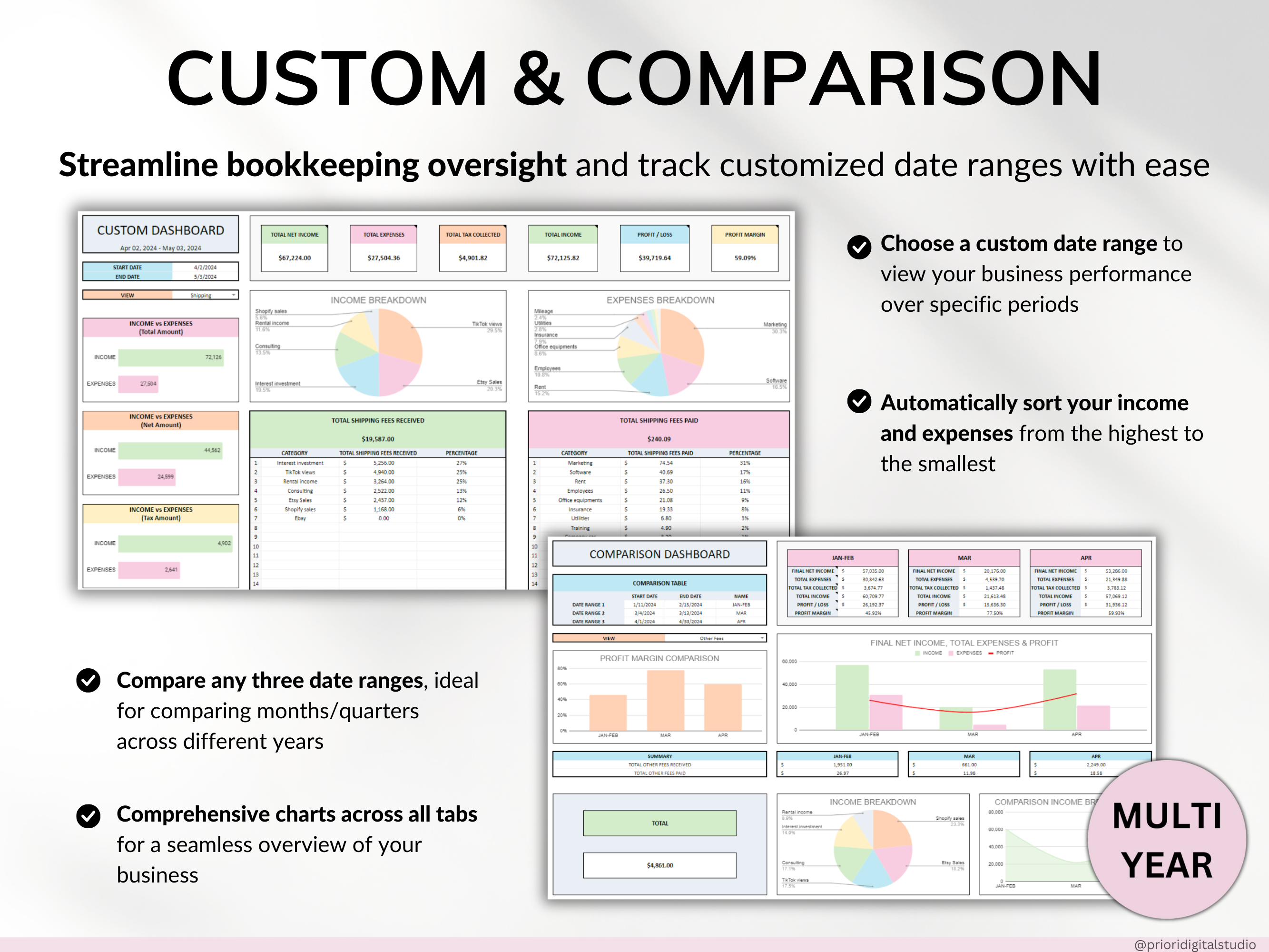 Small Business Bookkeeping Spreadsheet Income Expense Tracker Tax Tracker Accounting Template Mileage Tracker Business Planner Profit & Loss Excel Google Sheets