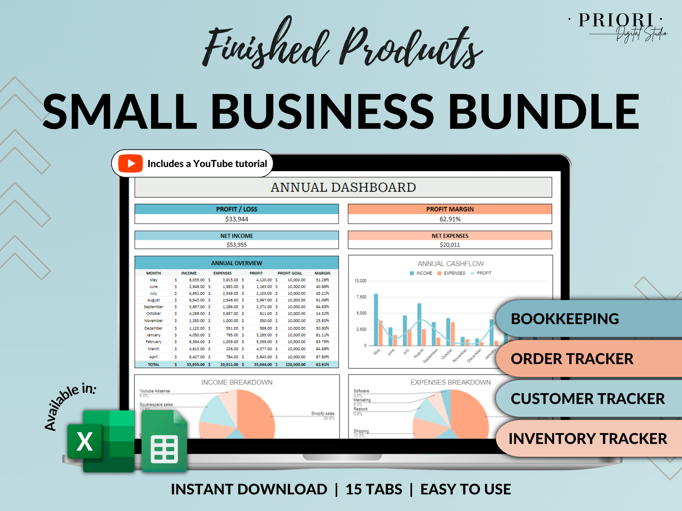 Small Business Tracker Google Sheets Excel Bookkeeping Spreadsheet Accounting Template Inventory Tracker Order Customer Tracker Sales Taxes