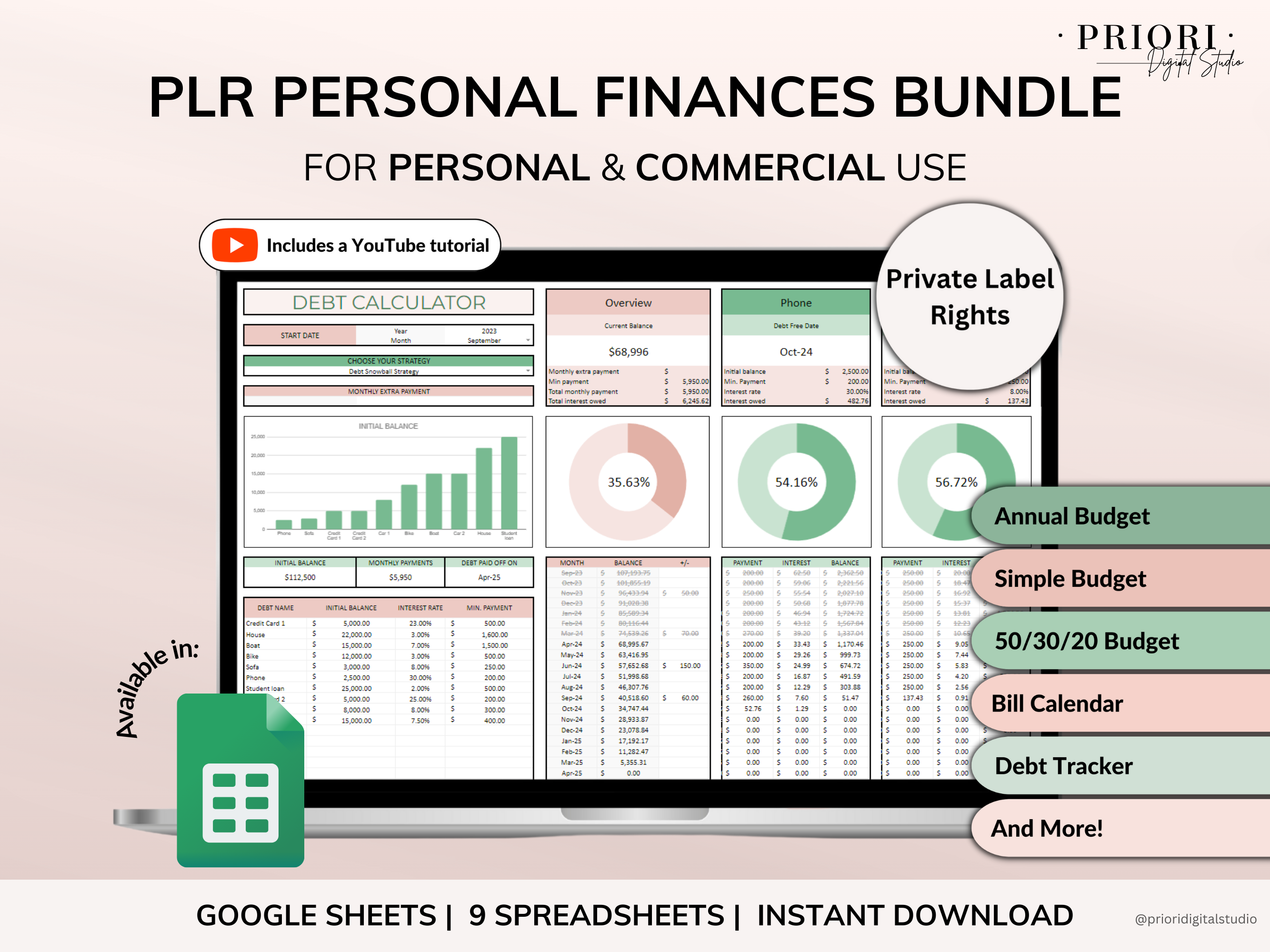 PLR Budget Spreadsheet Bundle Commercial Use PLR Google Sheets Private Label Rights PLR Template Budget Spreadsheet Debt Tracker Bill Calendar