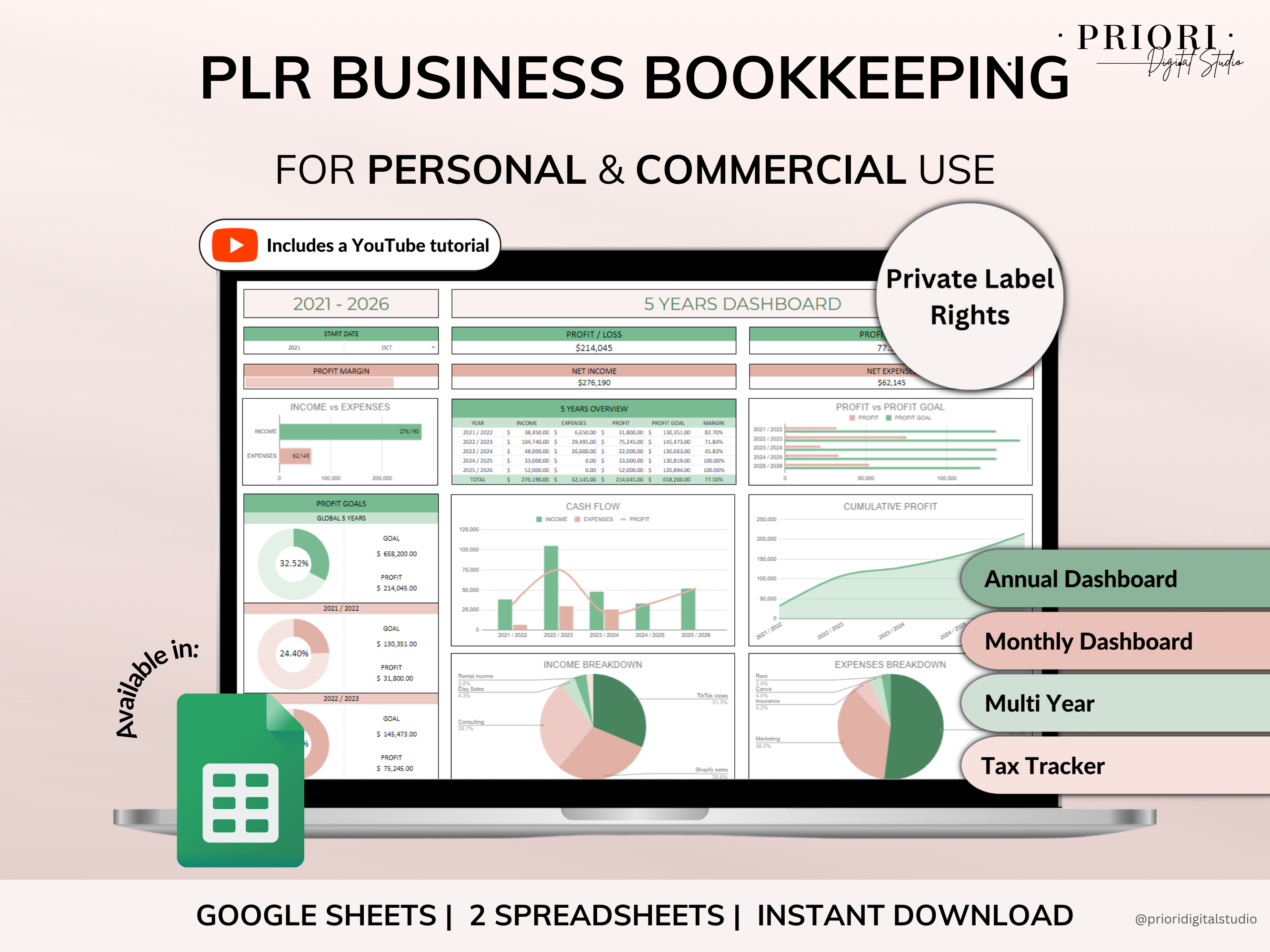 PLR Bookkeeping Spreadsheets Commercial Use PLR Google Sheets Bundle Private Label Rights PLR Template Small Business Accounting Spreadsheet