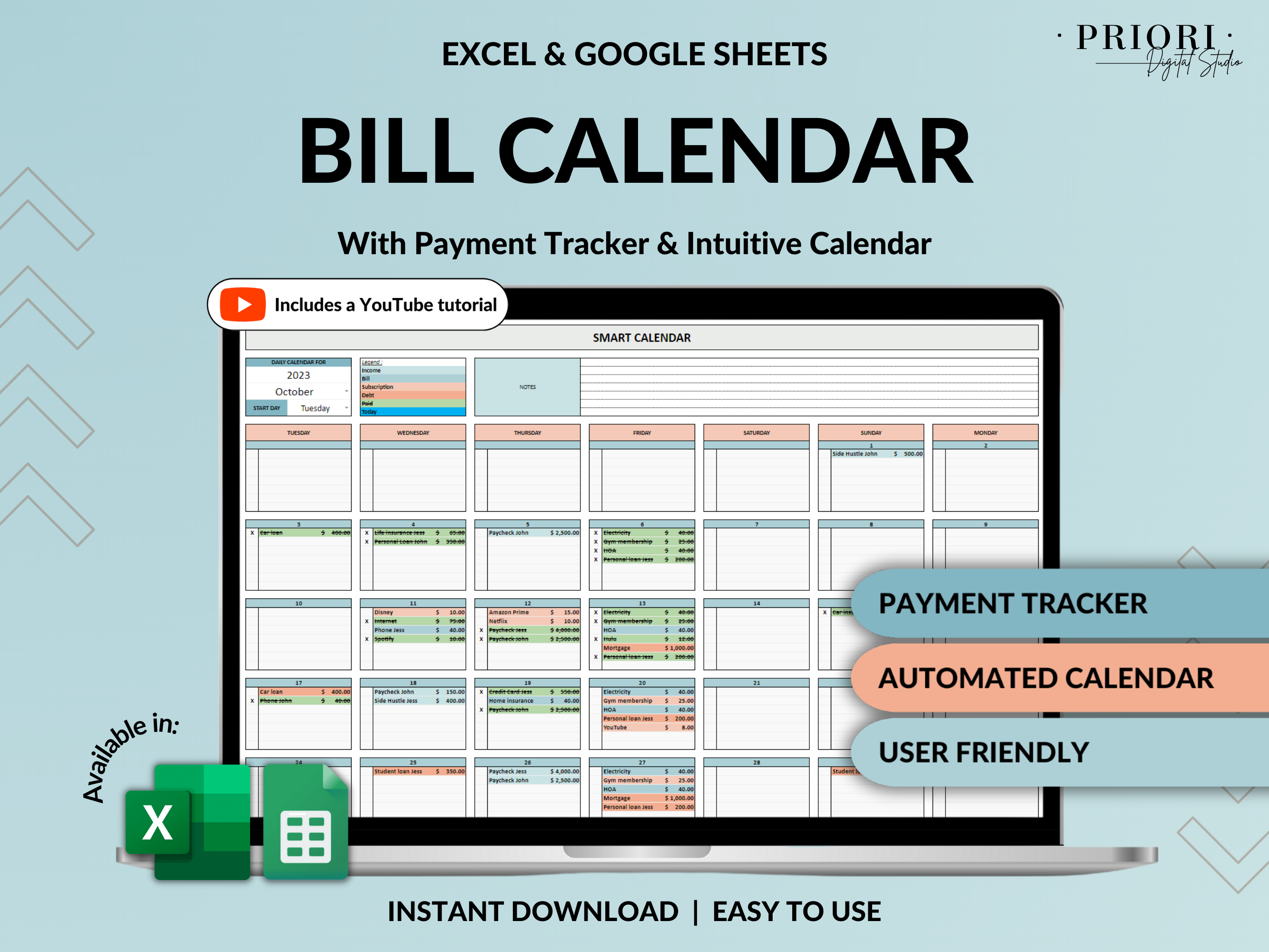 Bill Tracker Spreadsheet Google Sheets Excel Bill Calendar Monthly Smart Bill Planner Editable 2024 Calendar Personal Finance Budget Tracker