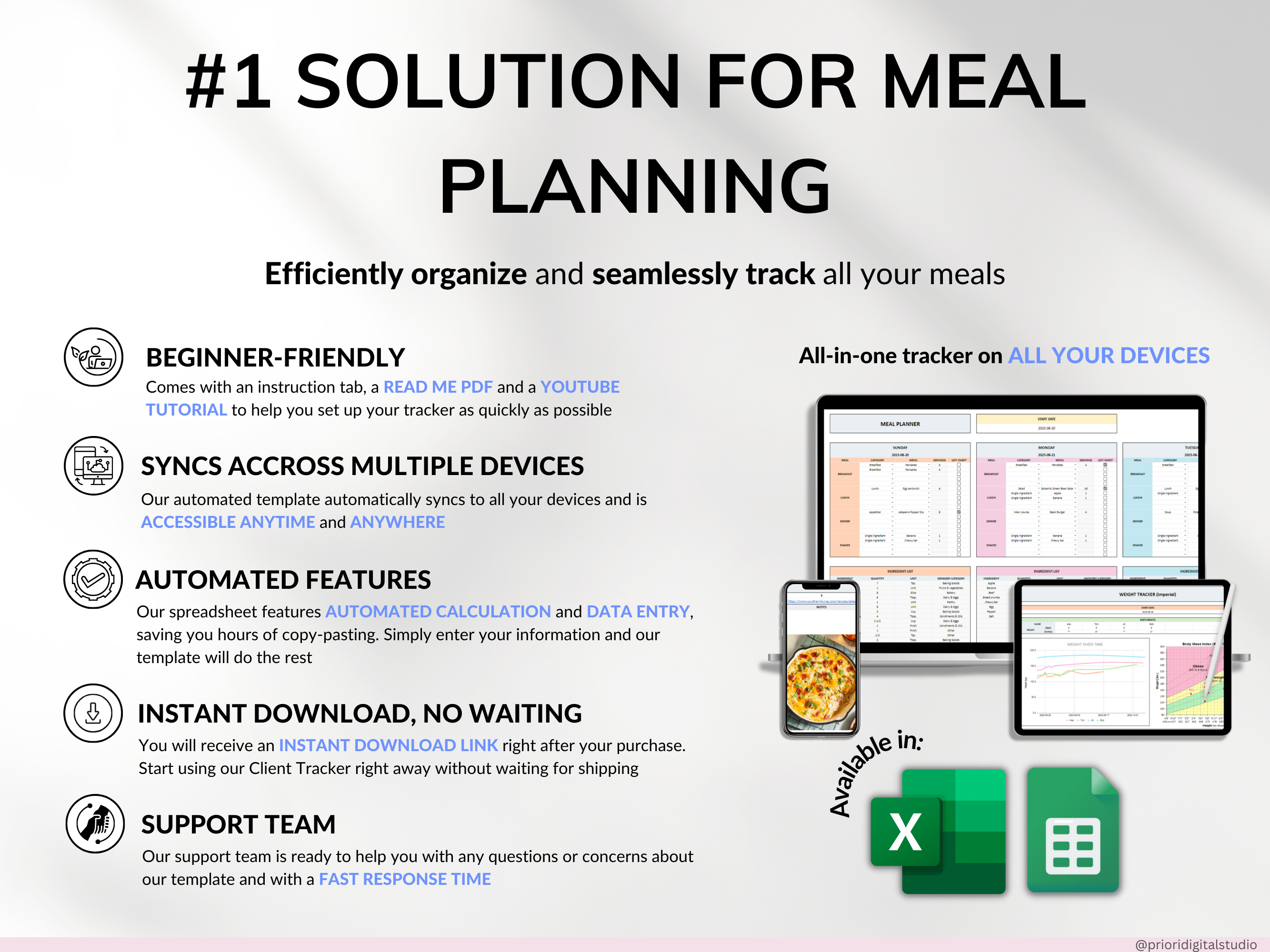 Weekly Meal Planner Spreadsheet Google Sheets Excel Recipe Journal Calorie Tracker Automatic Grocery List Weight Loss Tracker Food Inventory
