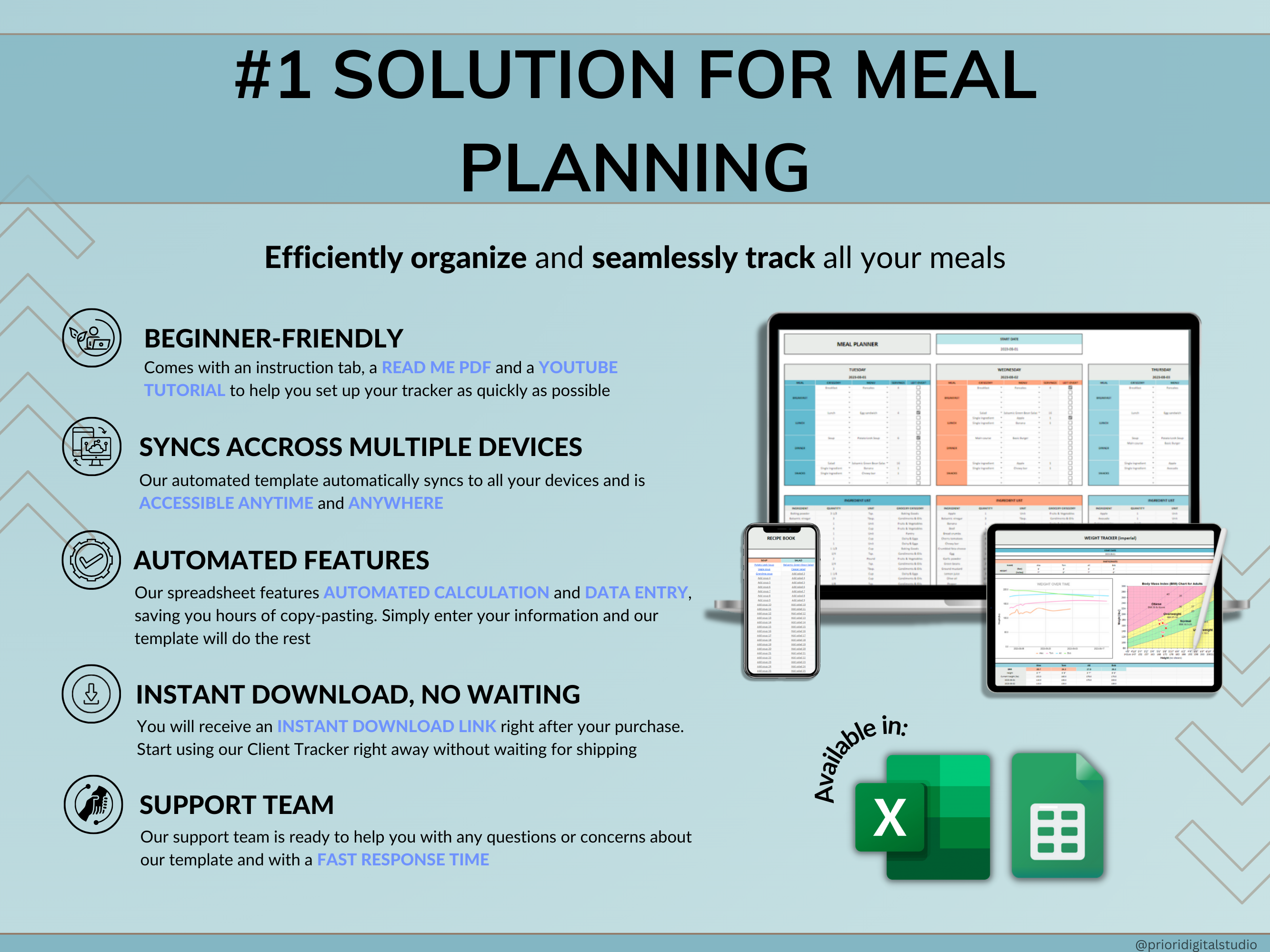 Weekly Meal Planner Spreadsheet Google Sheets Excel Recipe Journal Calorie Tracker Automatic Grocery List Weight Loss Tracker Food Inventory Blue