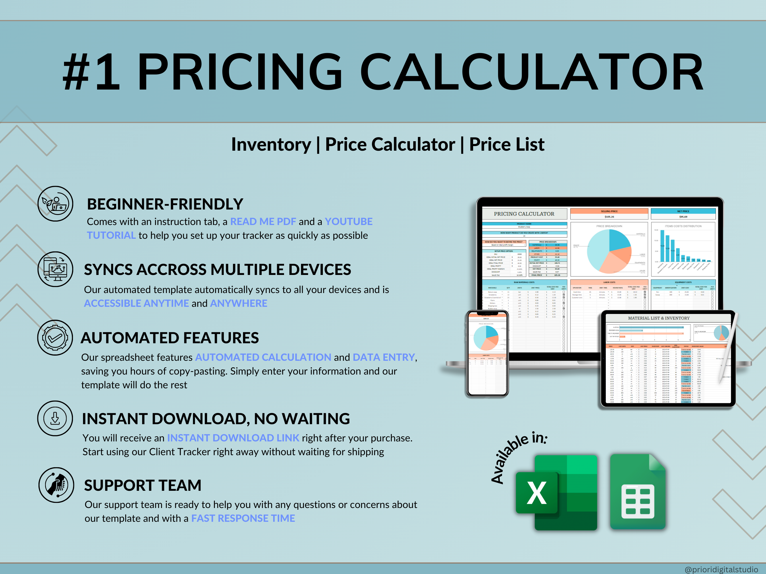 Pricing Calculator for Small Business Google Sheets Excel Business Tracker Handmade Products Pricing Template Profit Margin Pricing Guide