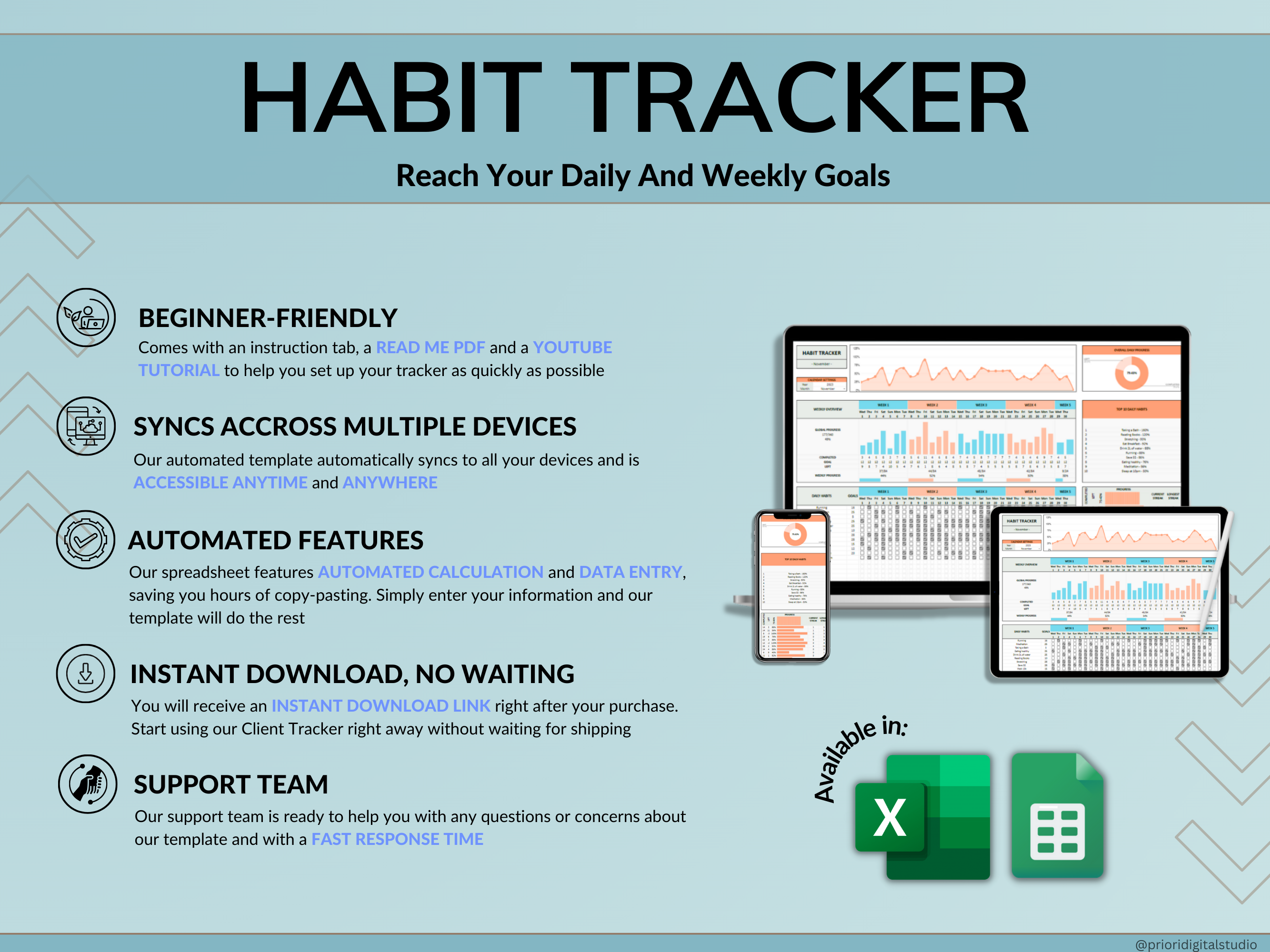 Habit Tracker Spreadsheet Google Sheets Excel Daily Habit Planner Weekly Goal Planner Digital Routine Dashboard Habit To Do List Template