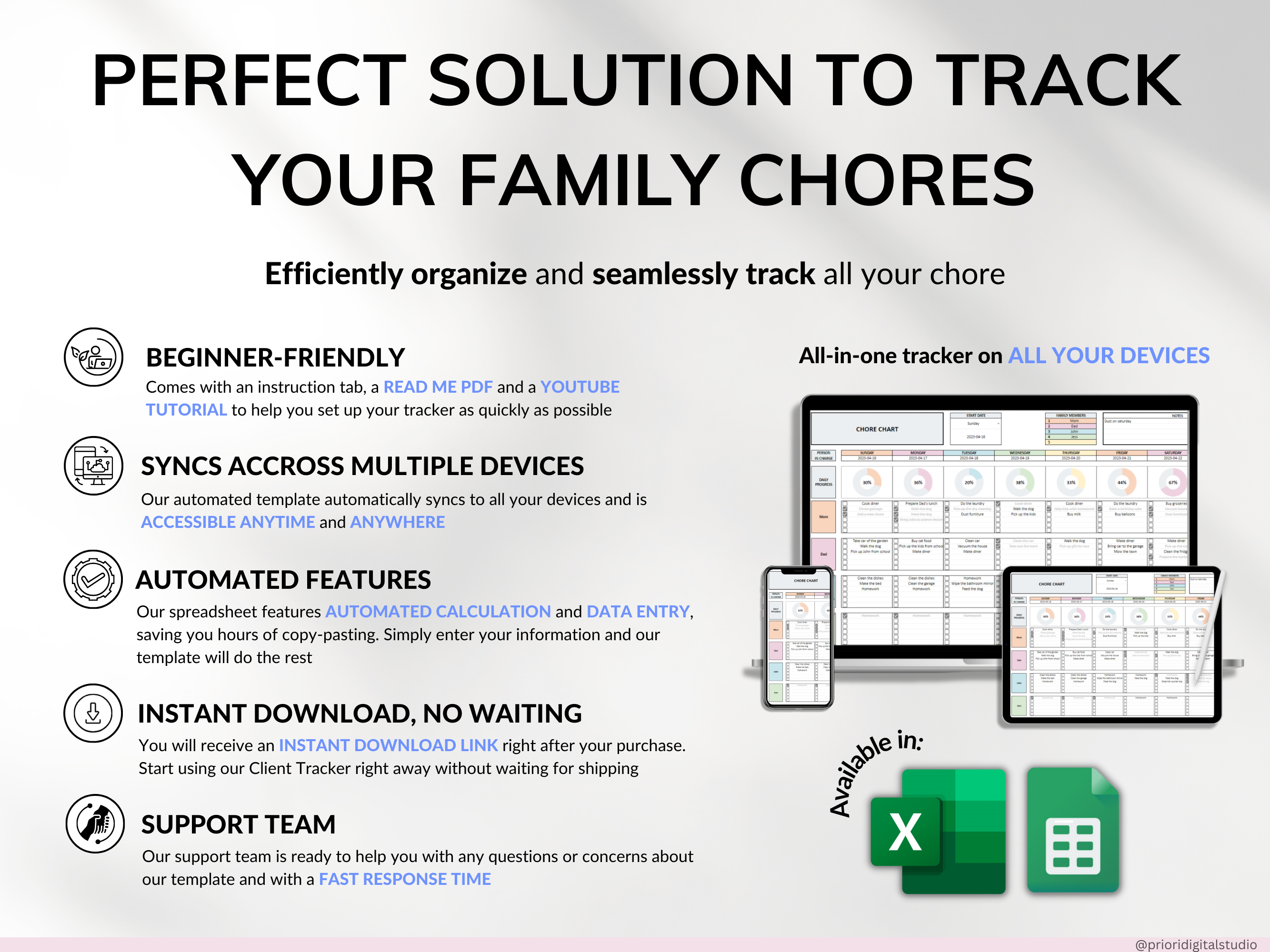Family Chore Chart Google Sheets Excel Template Planner Family Chore Cart Weekly Calendar Cleaning Checklist Daily Chore Chart for Kids