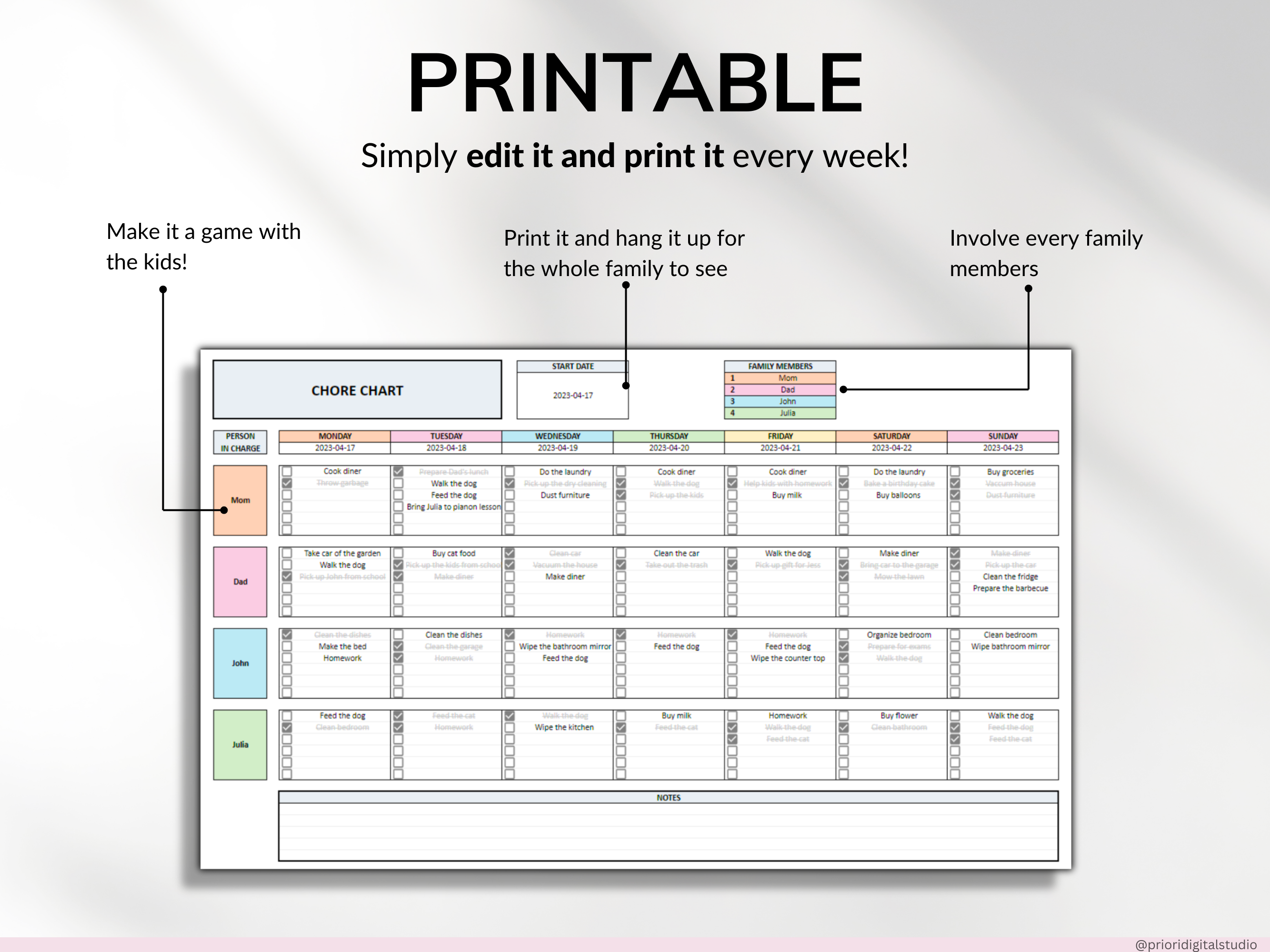 Printable Chore Chart Google Sheet Excel Template Planner Family Chore Cart Weekly Calendar Cleaning Checklist Daily Chore Chart for Kids