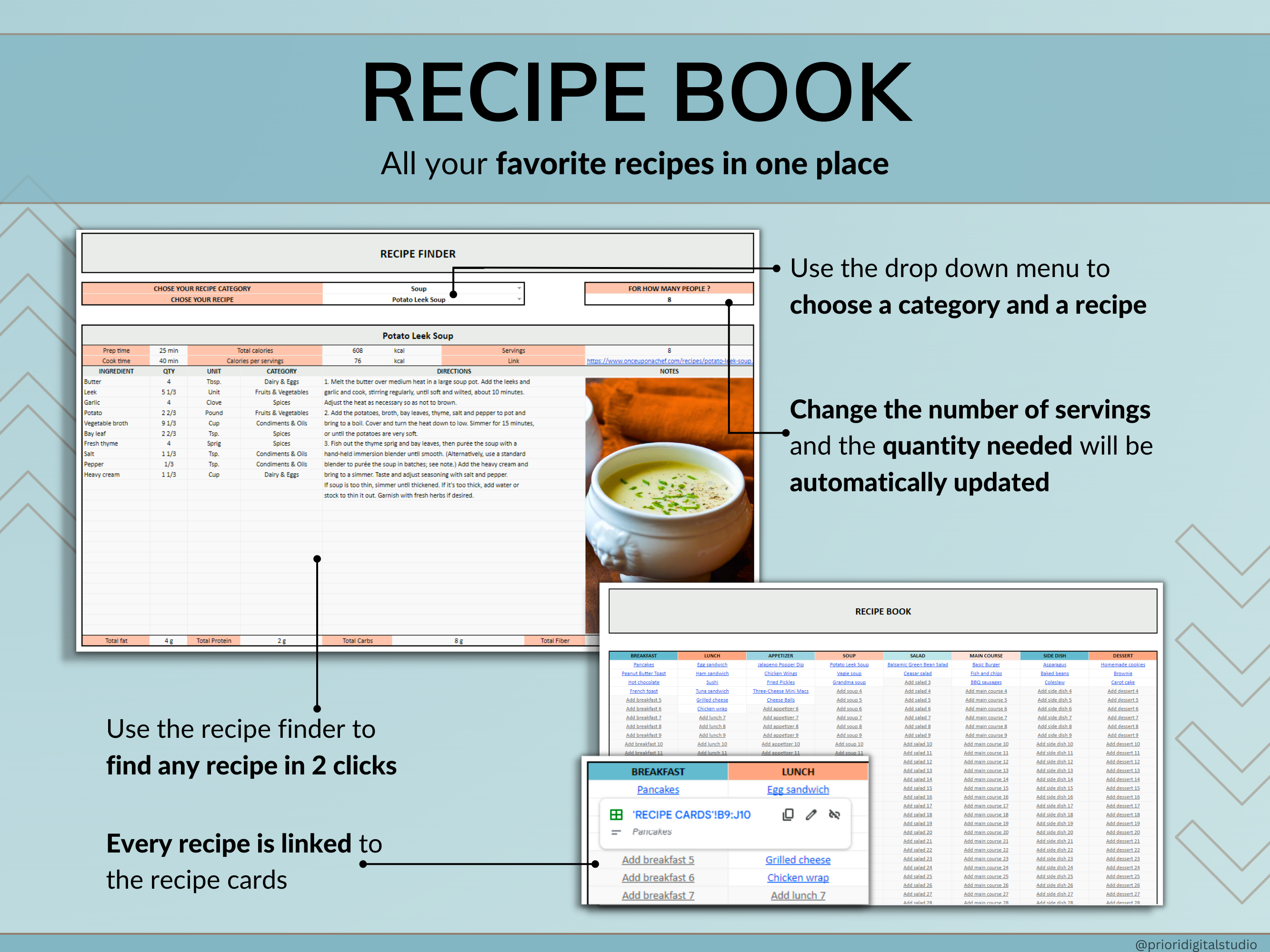 Weekly Meal Planner Spreadsheet Google Sheets Excel Recipe Journal Calorie Tracker Automatic Grocery List Weight Loss Tracker Food Inventory Blue