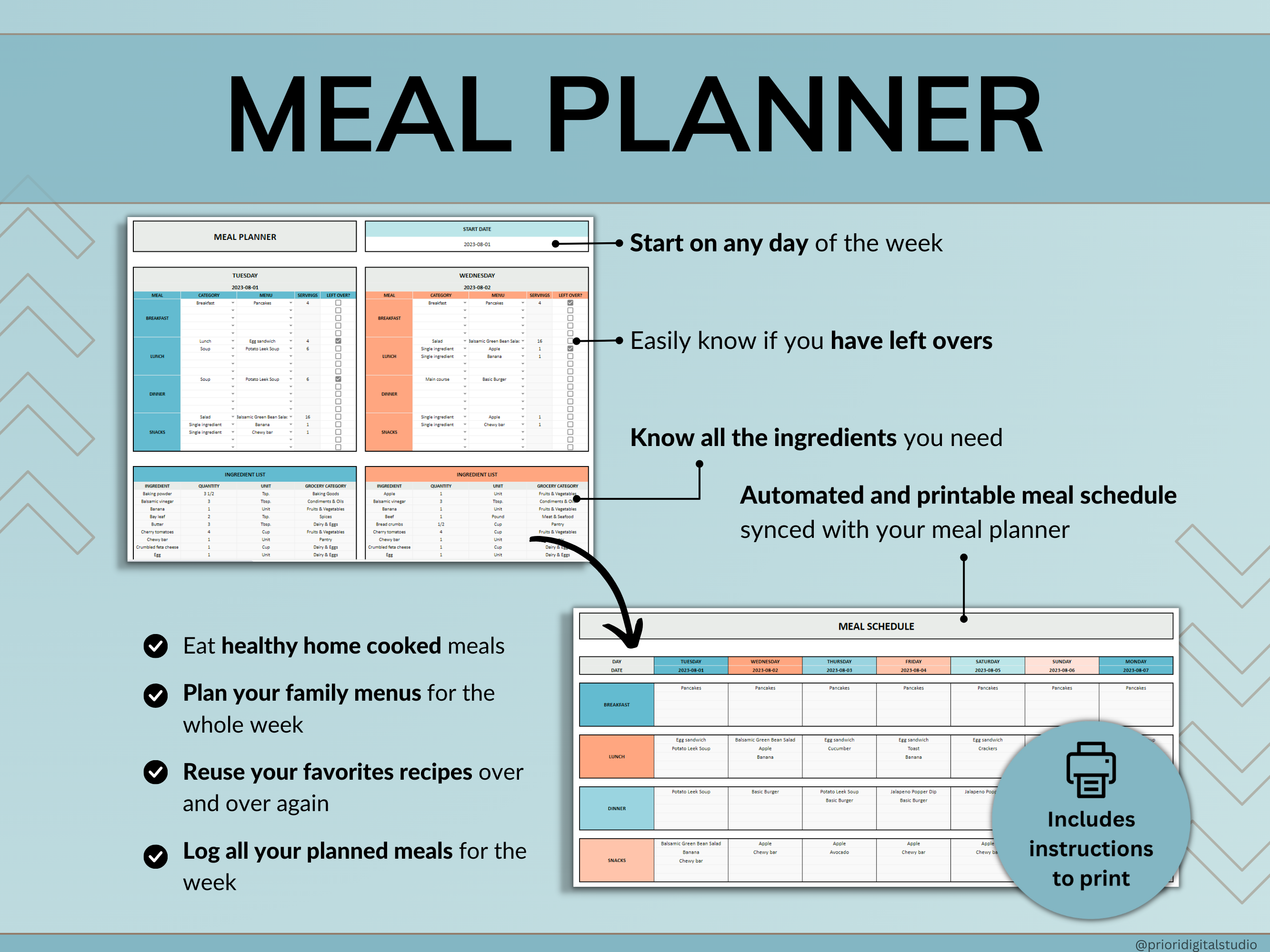 Weekly Meal Planner Spreadsheet Google Sheets Excel Recipe Journal Calorie Tracker Automatic Grocery List Weight Loss Tracker Food Inventory Blue