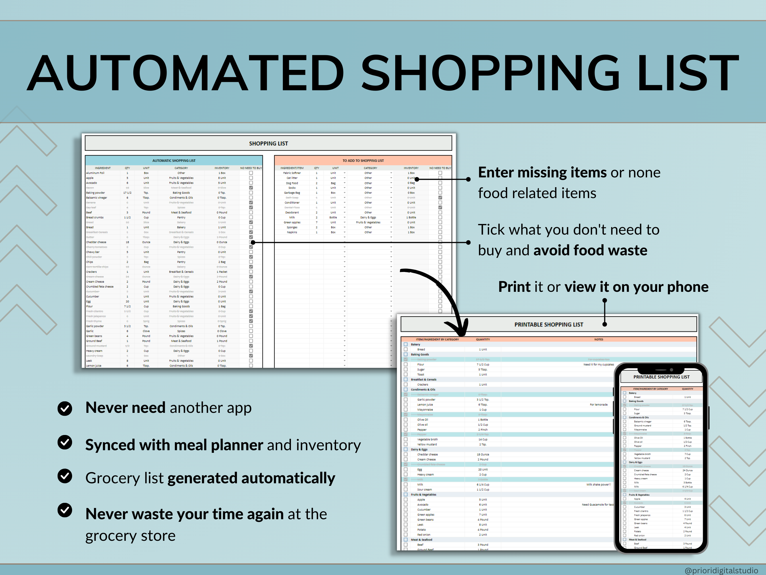 Weekly Meal Planner Spreadsheet Google Sheets Excel Recipe Journal Calorie Tracker Automatic Grocery List Weight Loss Tracker Food Inventory Blue