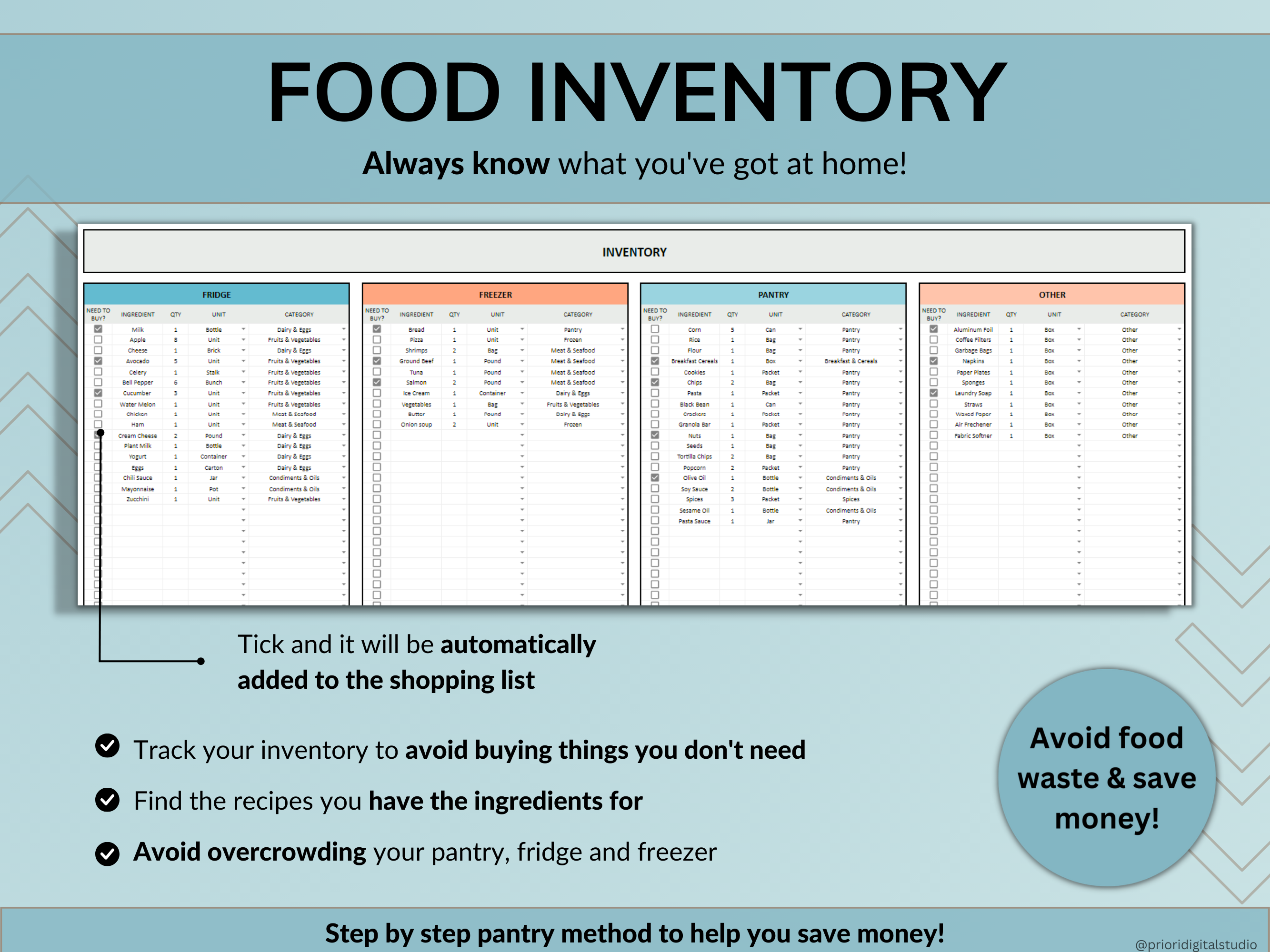 Weekly Meal Planner Spreadsheet Google Sheets Excel Recipe Journal Calorie Tracker Automatic Grocery List Weight Loss Tracker Food Inventory Blue