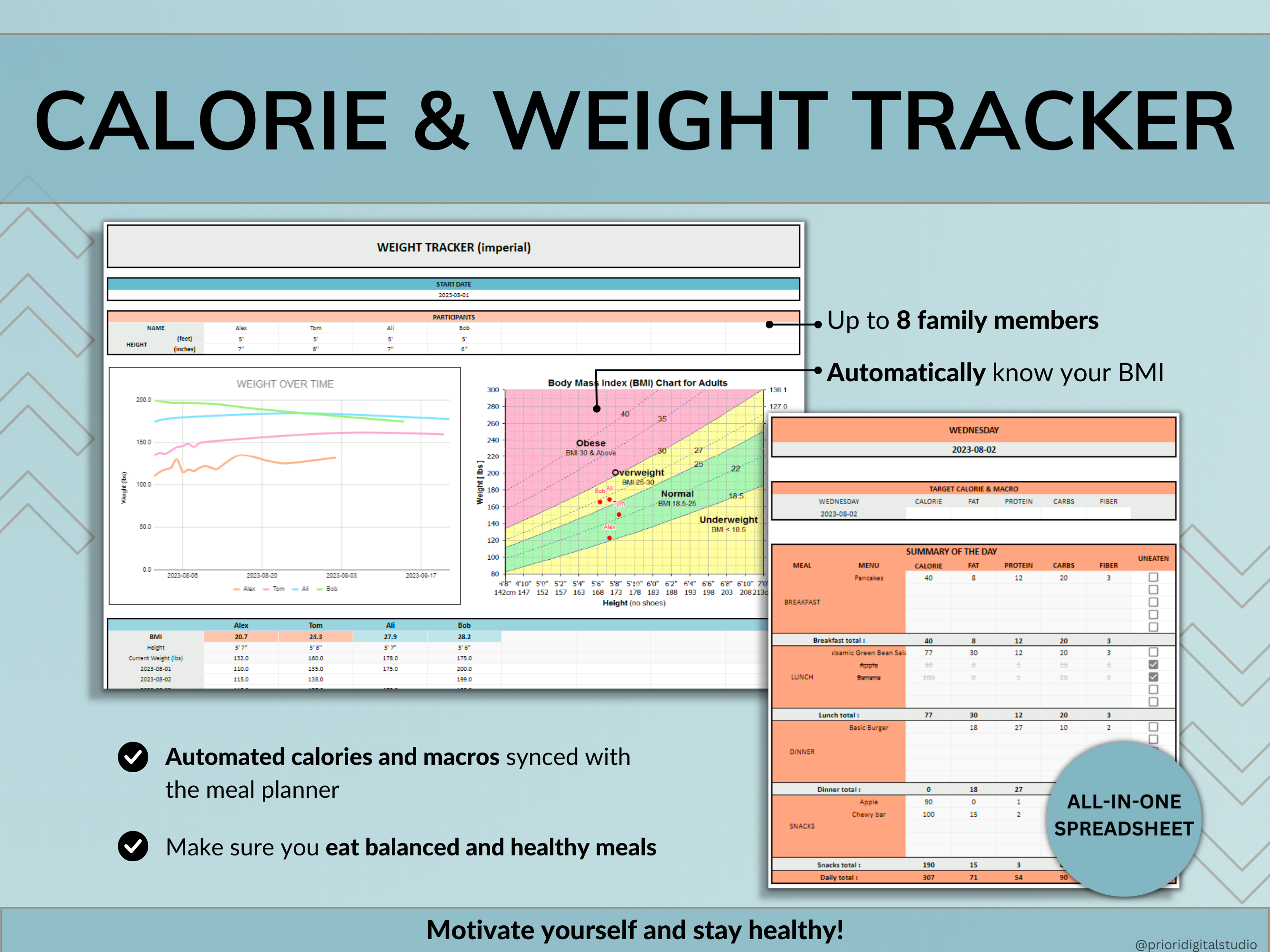 Weekly Meal Planner Spreadsheet Google Sheets Excel Recipe Journal Calorie Tracker Automatic Grocery List Weight Loss Tracker Food Inventory Blue