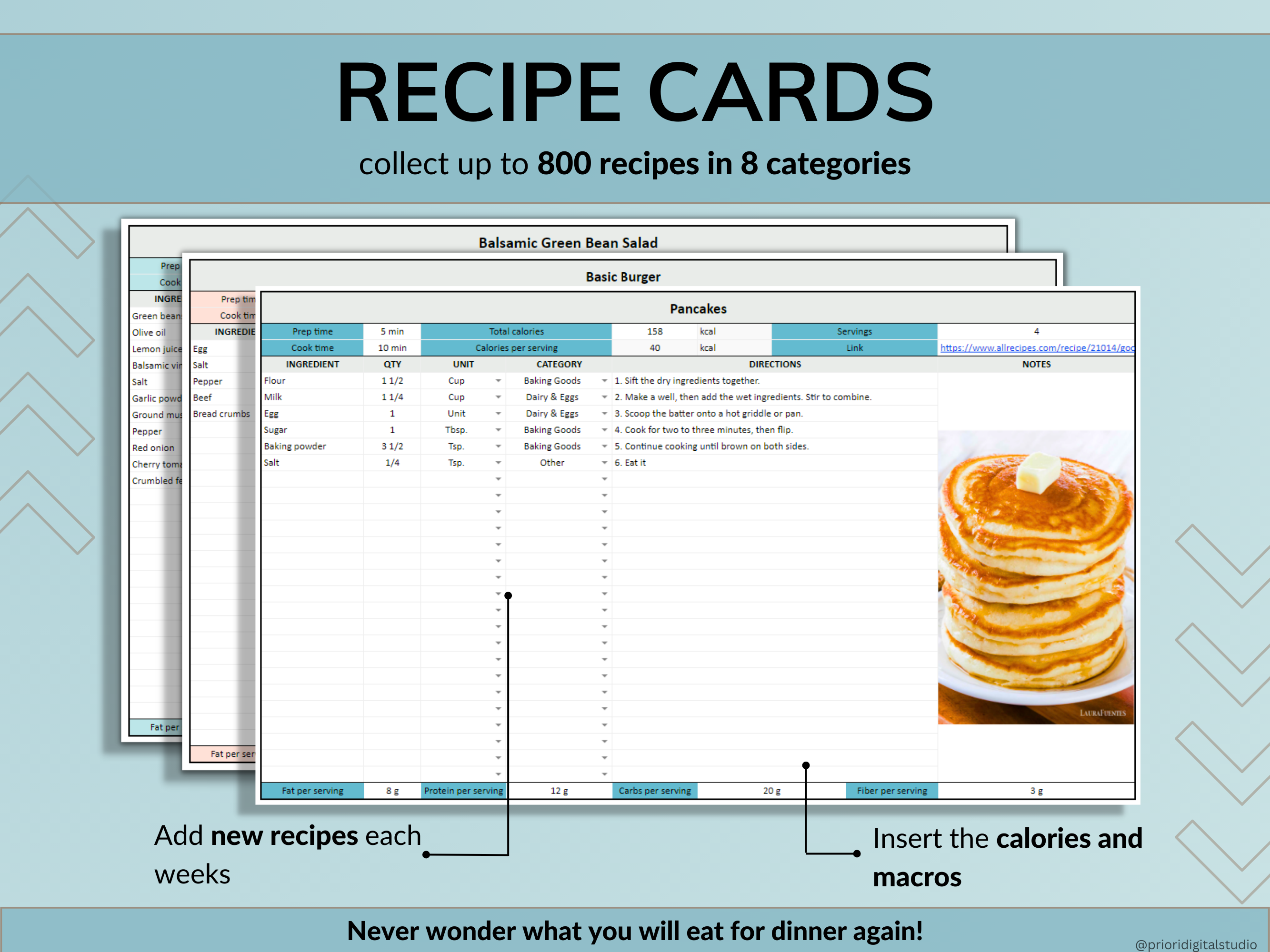 Weekly Meal Planner Spreadsheet Google Sheets Excel Recipe Journal Calorie Tracker Automatic Grocery List Weight Loss Tracker Food Inventory Blue