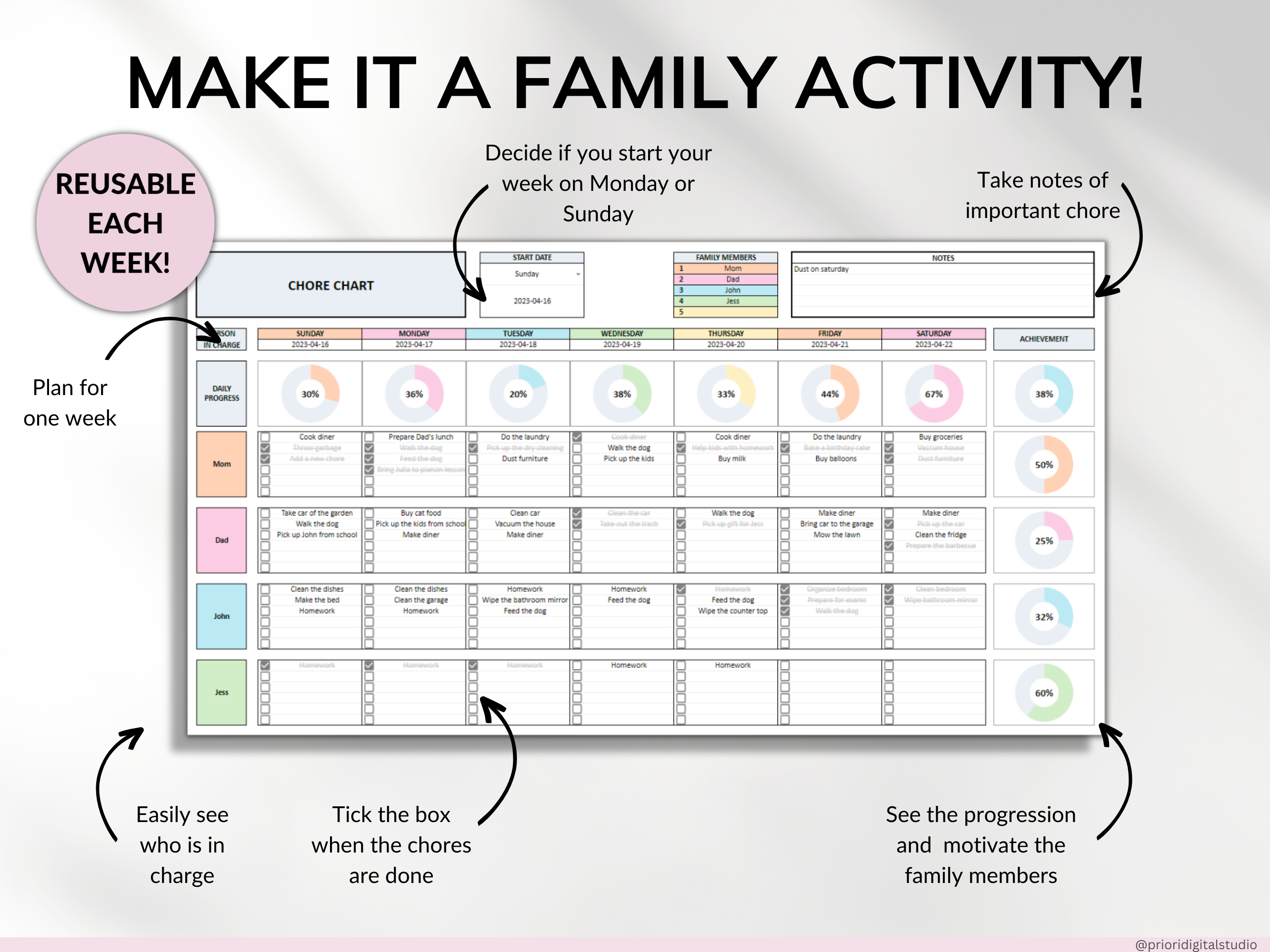 Family Chore Chart Google Sheets Excel Template Planner Family Chore Cart Weekly Calendar Cleaning Checklist Daily Chore Chart for Kids