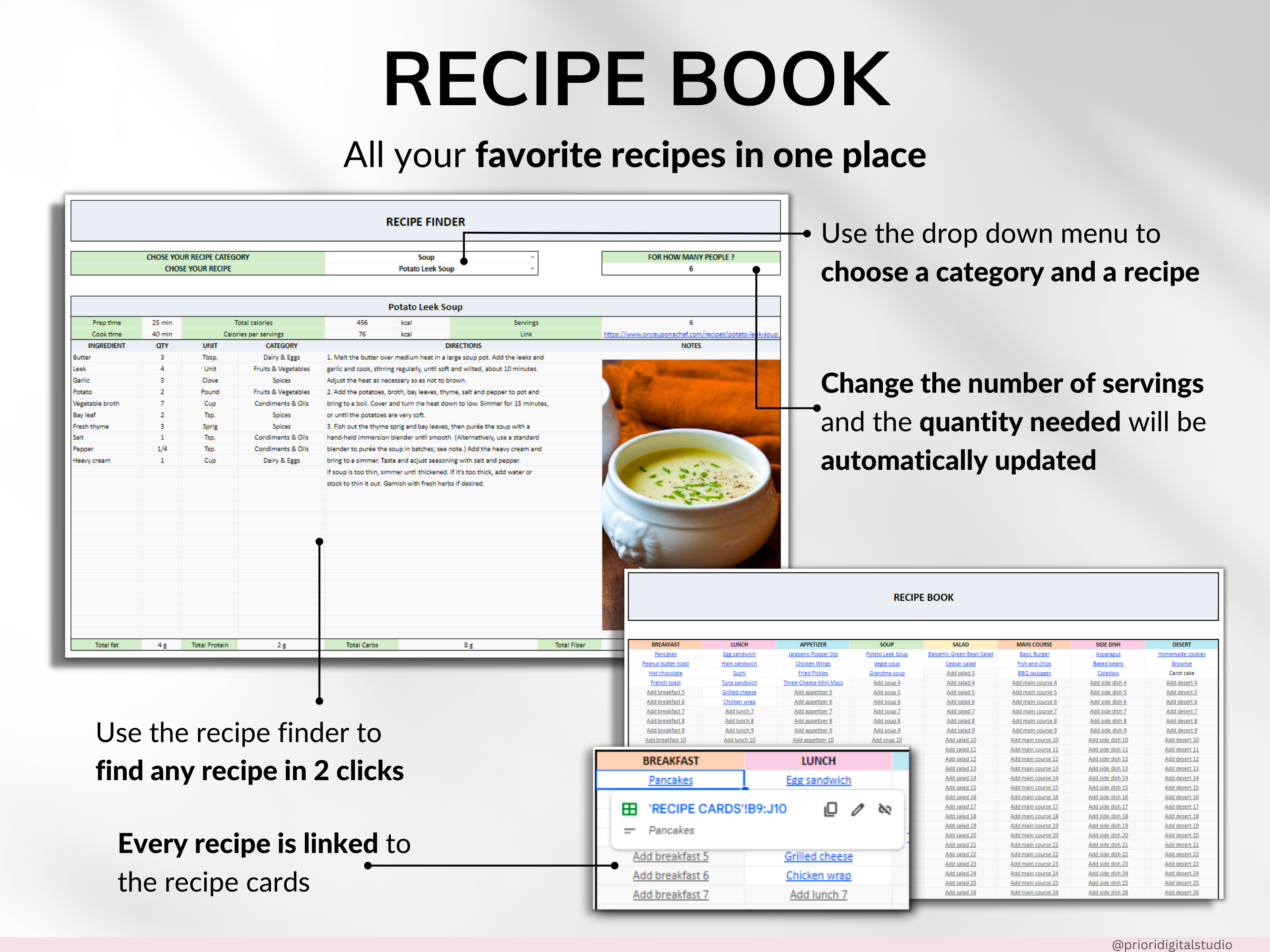 Weekly Meal Planner Spreadsheet Google Sheets Excel Recipe Journal Calorie Tracker Automatic Grocery List Weight Loss Tracker Food Inventory