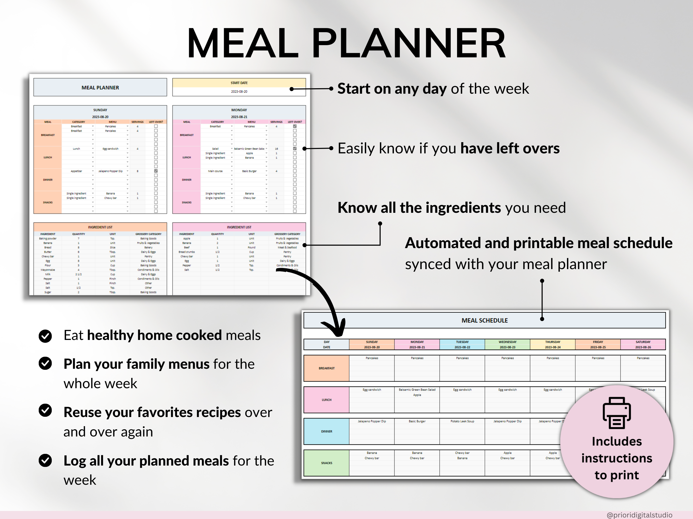 Weekly Meal Planner Spreadsheet Google Sheets Excel Recipe Journal Calorie Tracker Automatic Grocery List Weight Loss Tracker Food Inventory
