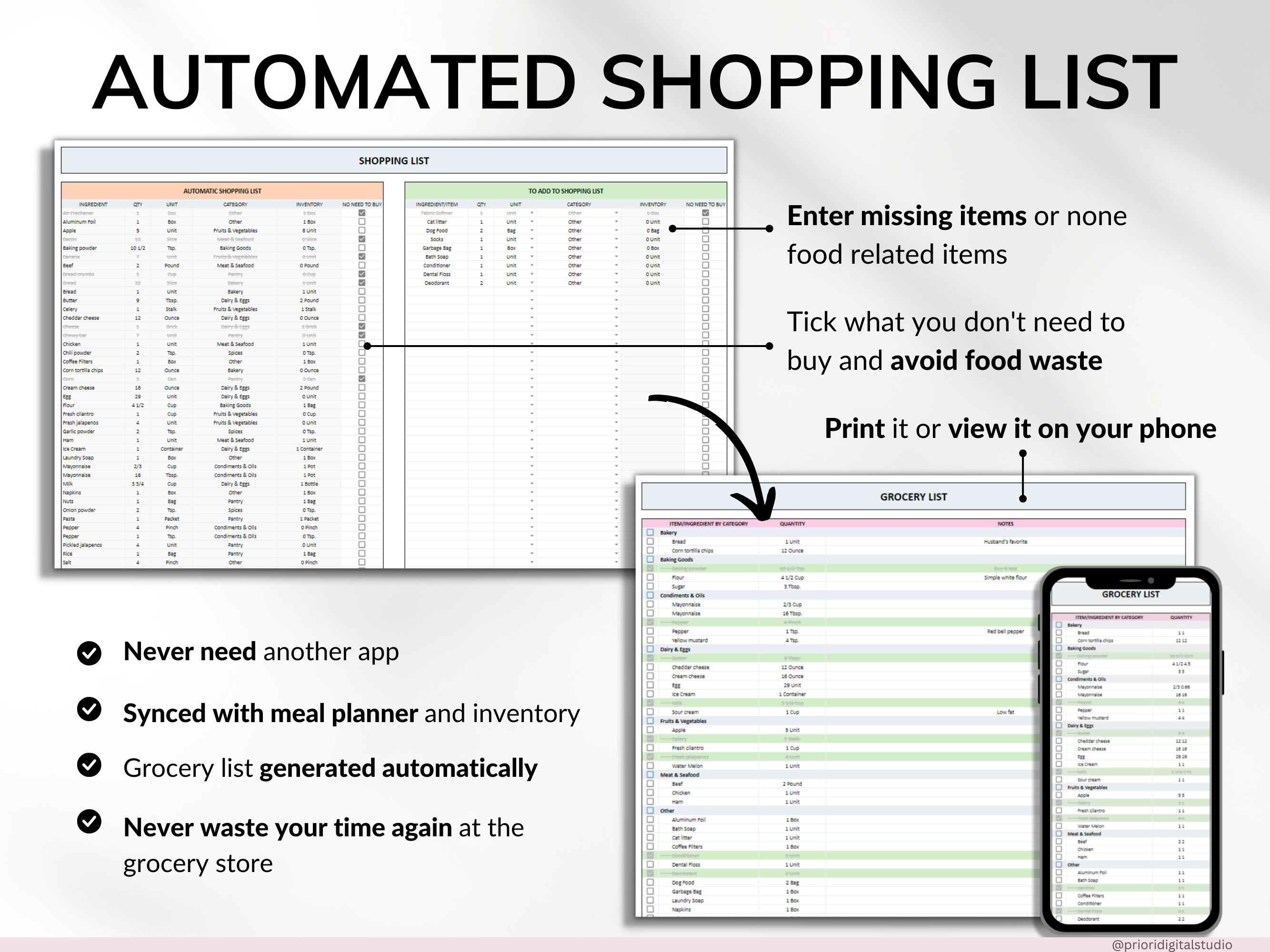 Weekly Meal Planner Spreadsheet Google Sheets Excel Recipe Journal Calorie Tracker Automatic Grocery List Weight Loss Tracker Food Inventory