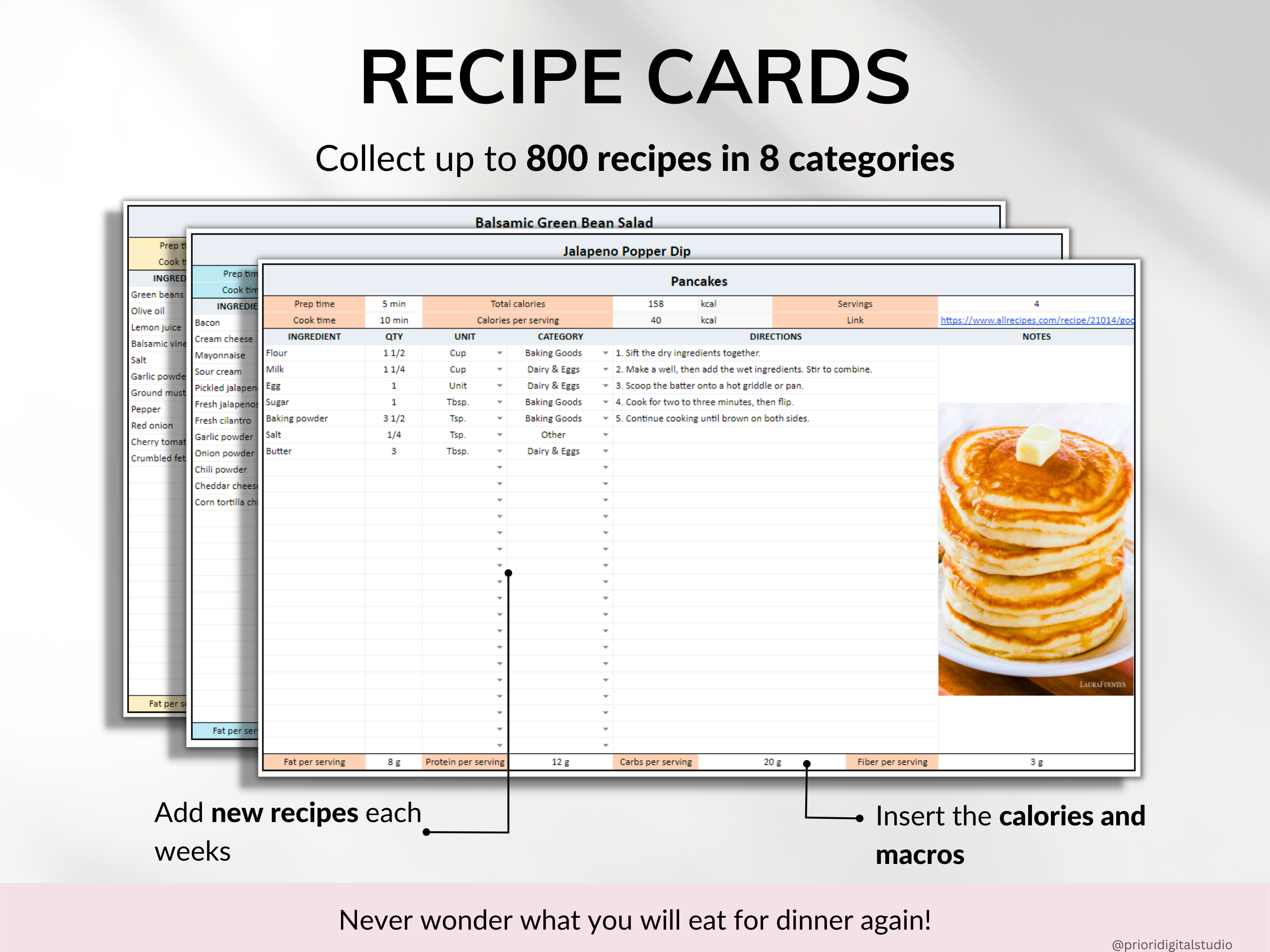 Weekly Meal Planner Spreadsheet Google Sheets Excel Recipe Journal Calorie Tracker Automatic Grocery List Weight Loss Tracker Food Inventory