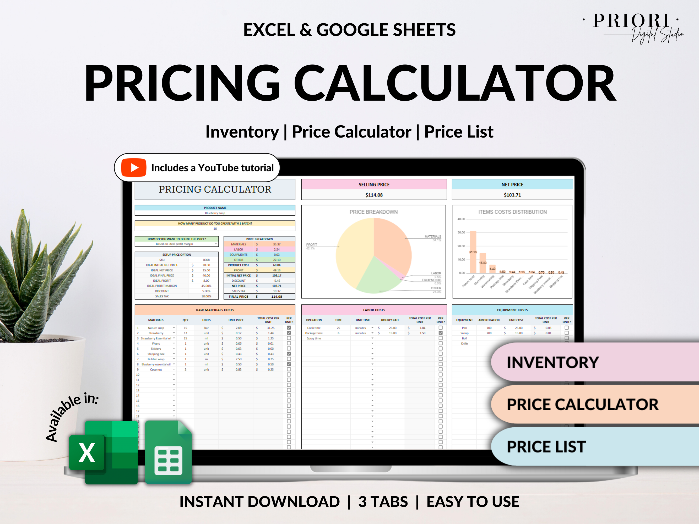 Pricing Calculator for Small Business Google Sheets Excel Business Tracker Handmade Products Pricing Template Profit Margin Pricing Guide#color_multicolor