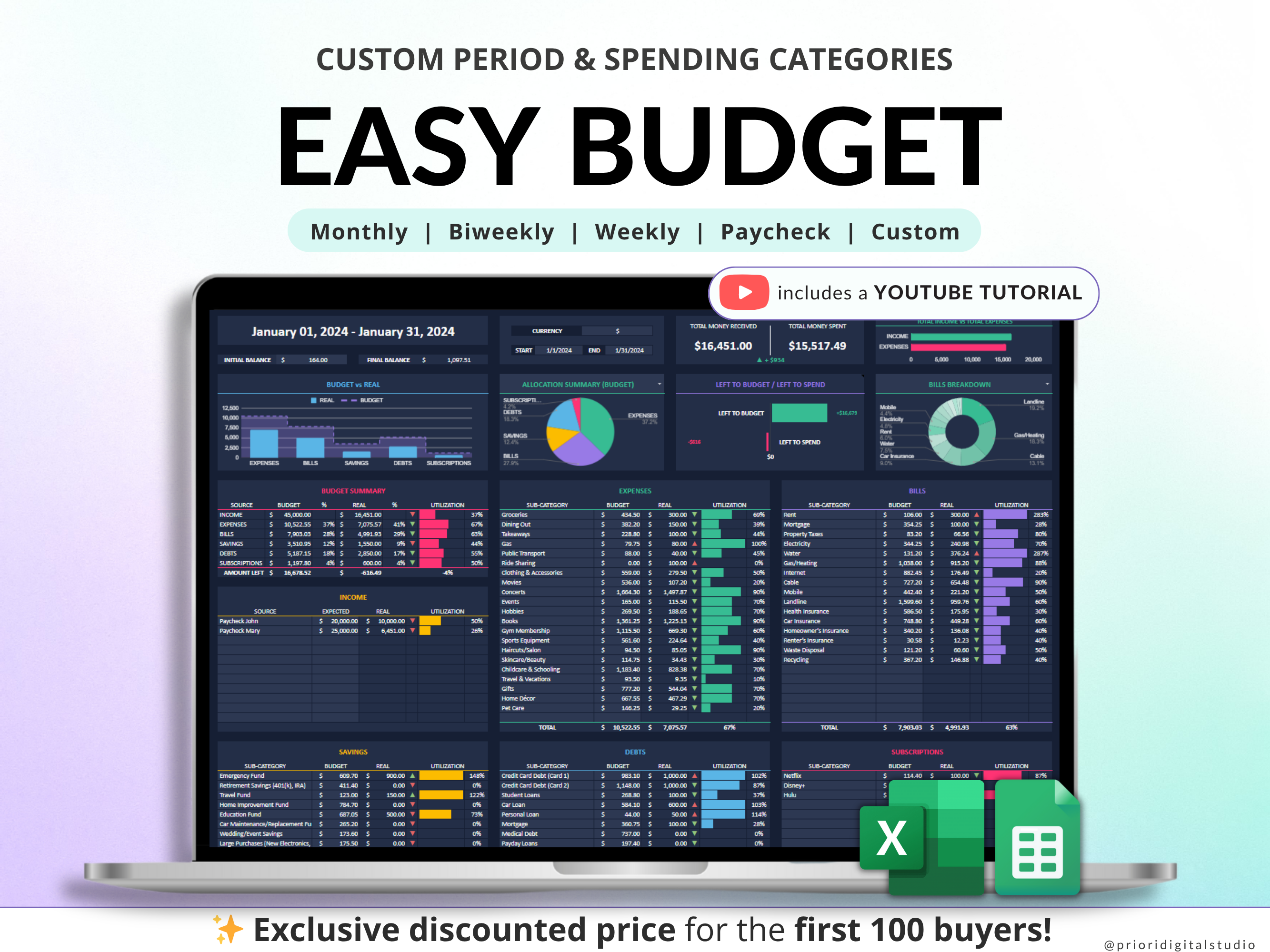 Simple Budget Planner for Google Sheets Paycheck Budget Spreadsheet Excel Budget Template Weekly Budget Biweekly Income and Expense Tracker Paycheck Budget