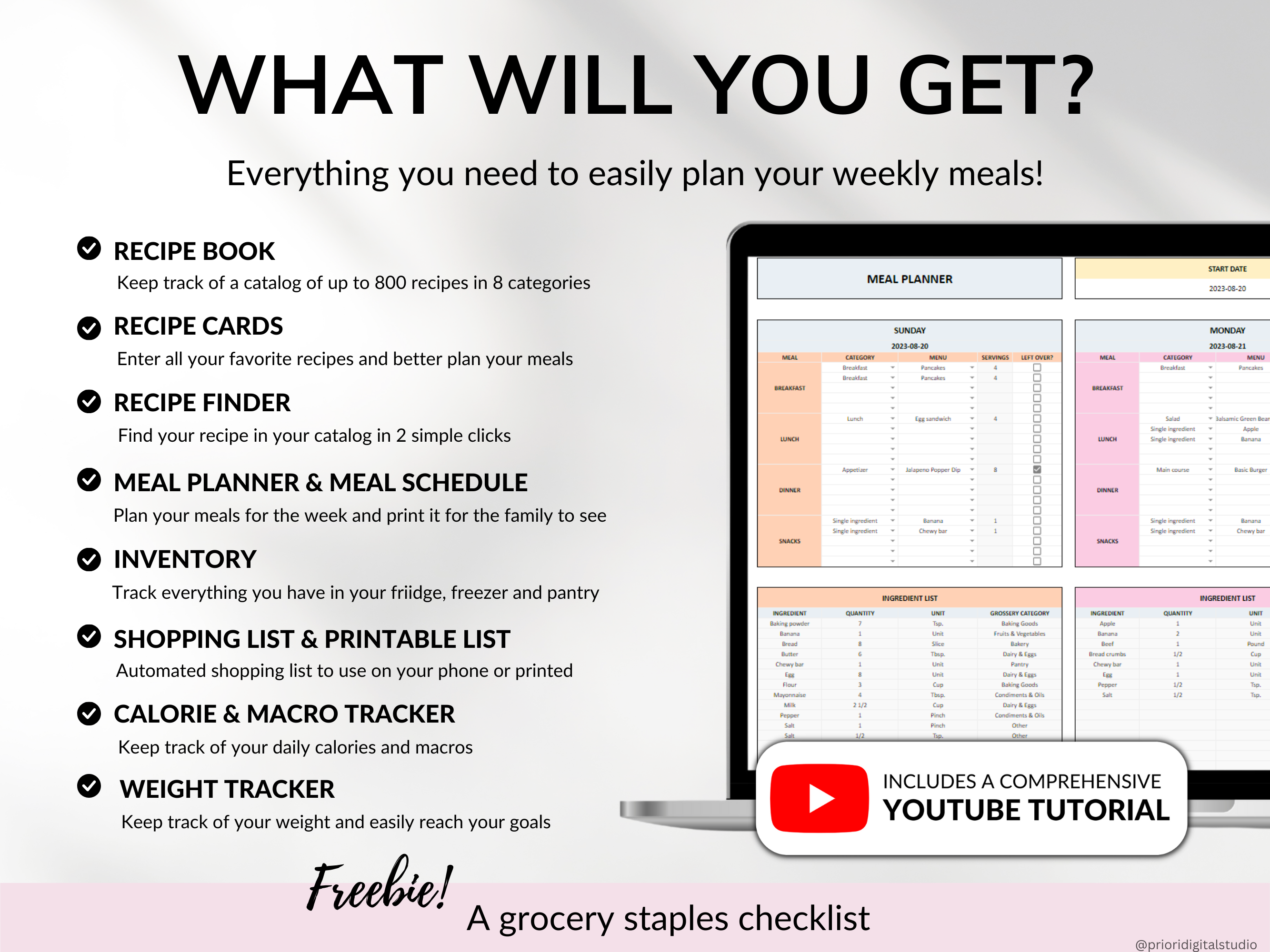 Weekly Meal Planner Spreadsheet Google Sheets Excel Recipe Journal Calorie Tracker Automatic Grocery List Weight Loss Tracker Food Inventory