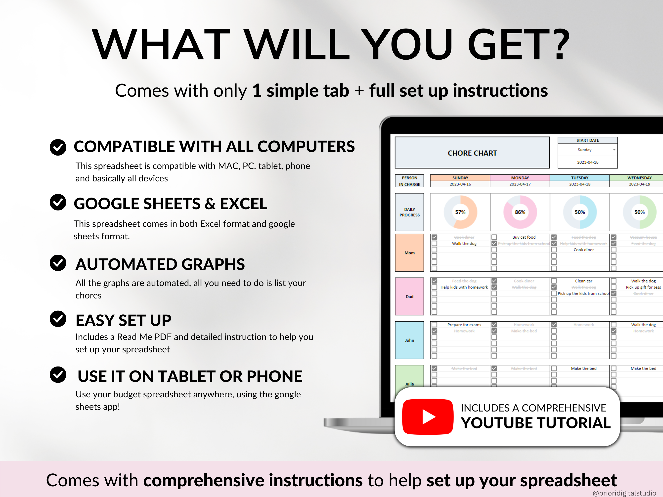 Family Chore Chart Google Sheets Excel Template Planner Family Chore Cart Weekly Calendar Cleaning Checklist Daily Chore Chart for Kids