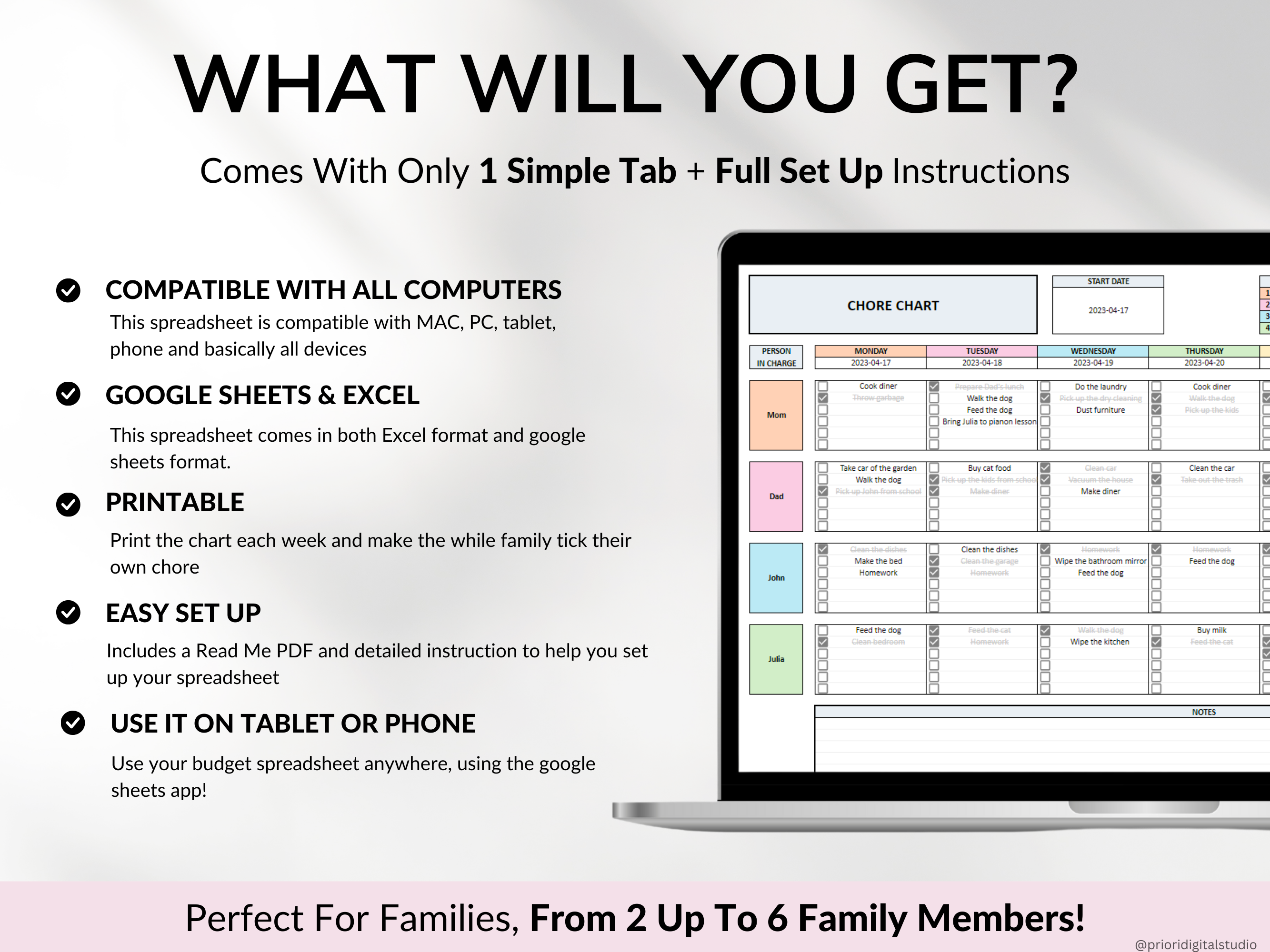 Printable Chore Chart Google Sheet Excel Template Planner Family Chore Cart Weekly Calendar Cleaning Checklist Daily Chore Chart for Kids