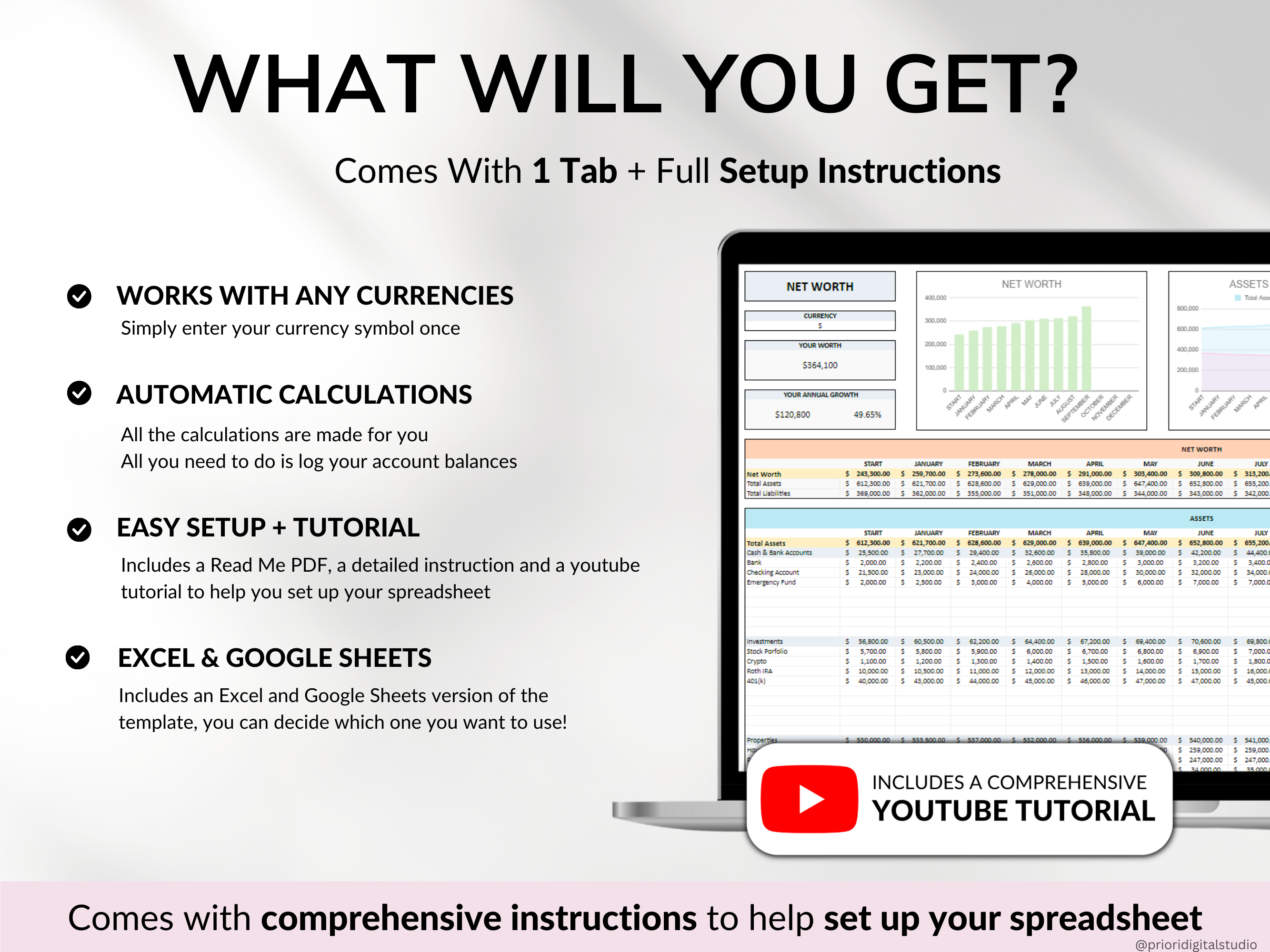 Net Worth Tracker Spreadsheet Template Google Sheets Excel Annual Net Worth Dashboard Personal Finance Assets Liabilities Template Planner